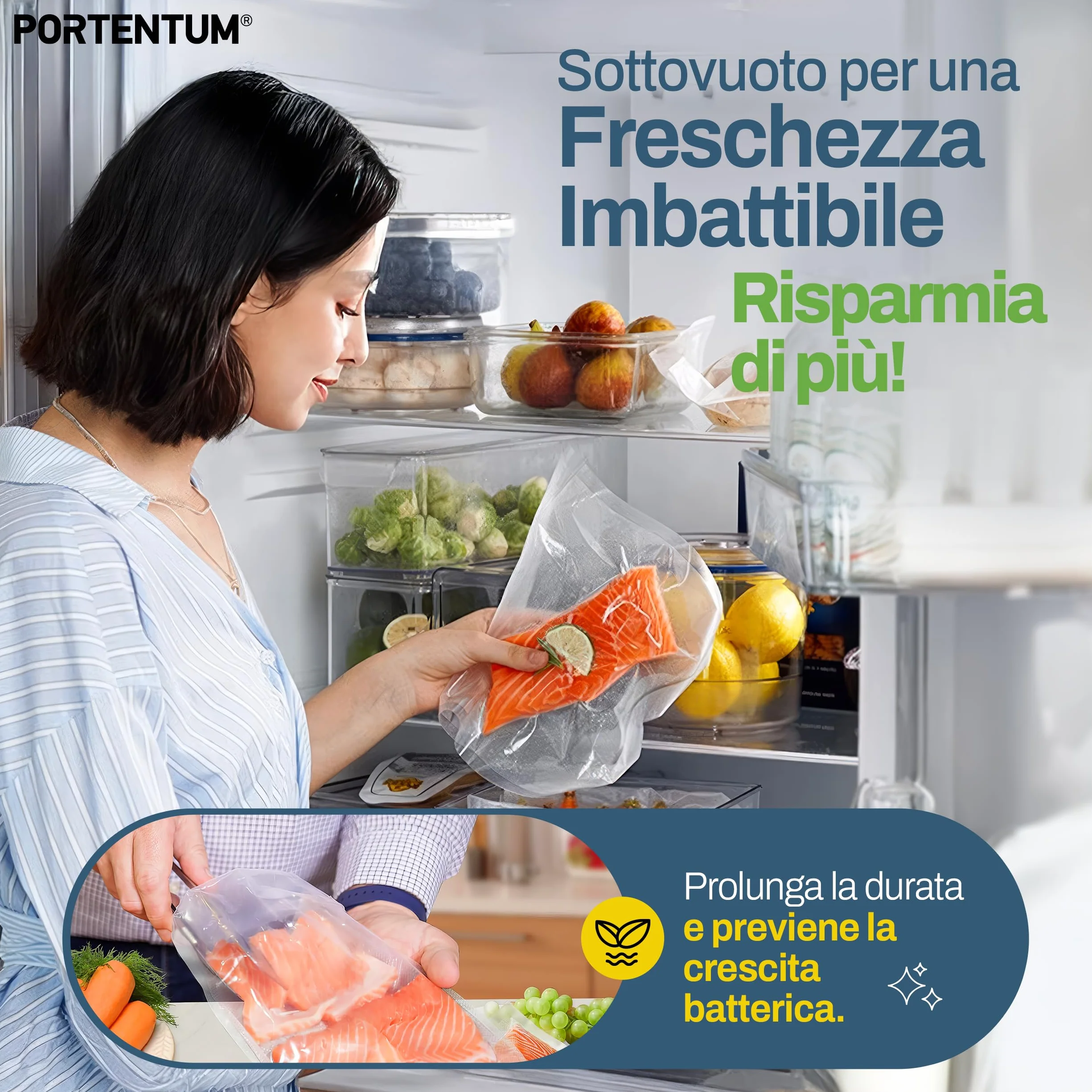 PORTENTUM Sacchetti Sottovuoto Alimenti, 3 rotoli 20 x 300 cm 9 m per conservazione e Sous Vide