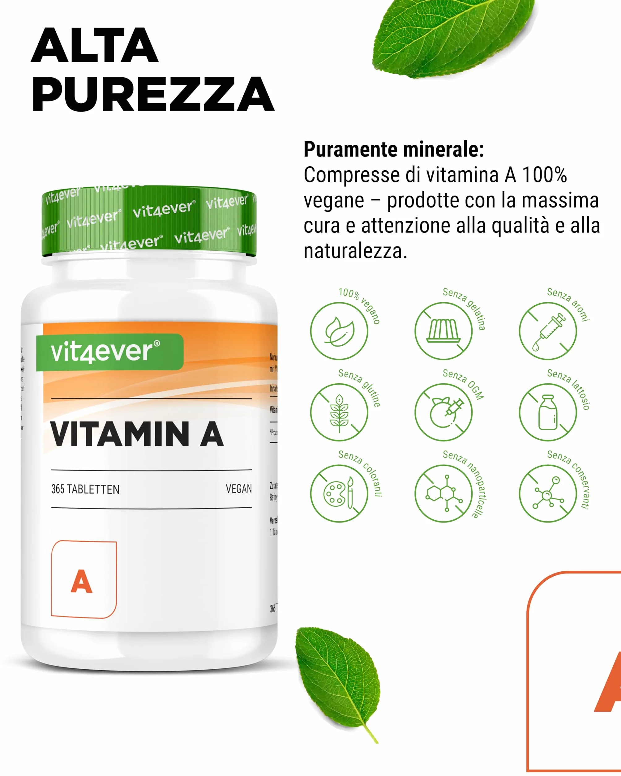 vit4ever Vitamina A - 10.000 U.I. (3000 µg) - 365 compresse - Alternativa alle capsule - Acetato di retinile ad alto dosaggio - Senza additivi inutili - Occhi, pelle, sistema immunitario - Vegan