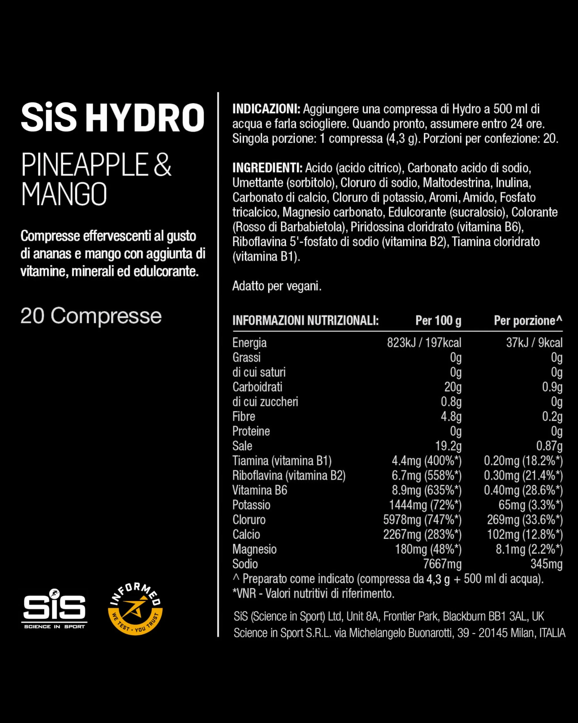 Science in Sport HYDRO Compresse Elettroliti Ananas e Mango 20pz Vegan