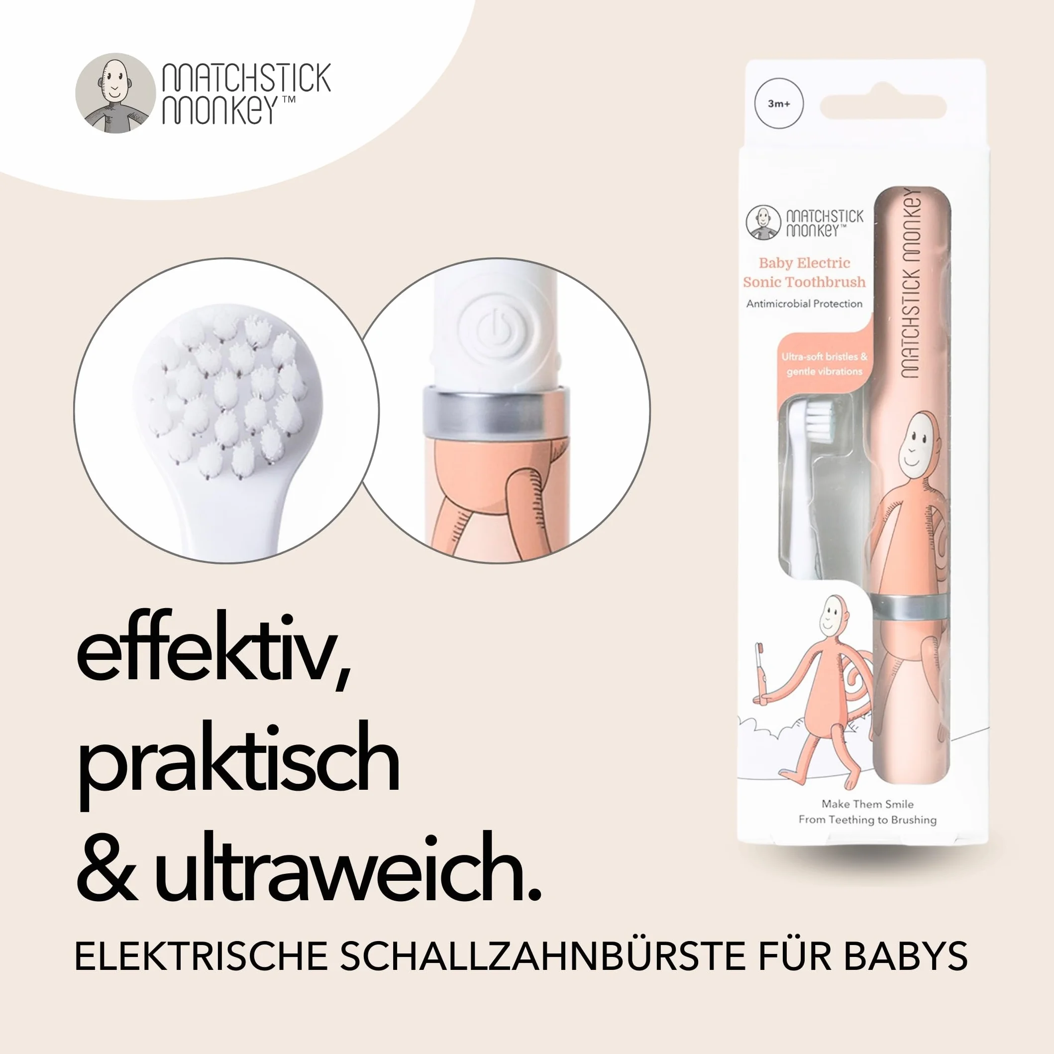 Matchstick Monkey Baby Electric Sonic Toothbrush, Antimicrobial Protection, Suitable from 3 Months, Dusty Pink