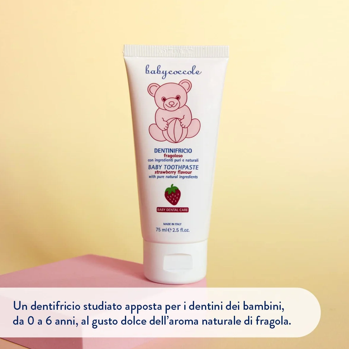 Babycoccole DENTINIFRICIO FRAGOLOSO. Dentifricio per Bambini da 0 a 6 anni all'aroma naturale di Fragola. Rinforza i denti, previene le carie. Giusto apporto di fluoro, calcio e vitamine - 75 ml