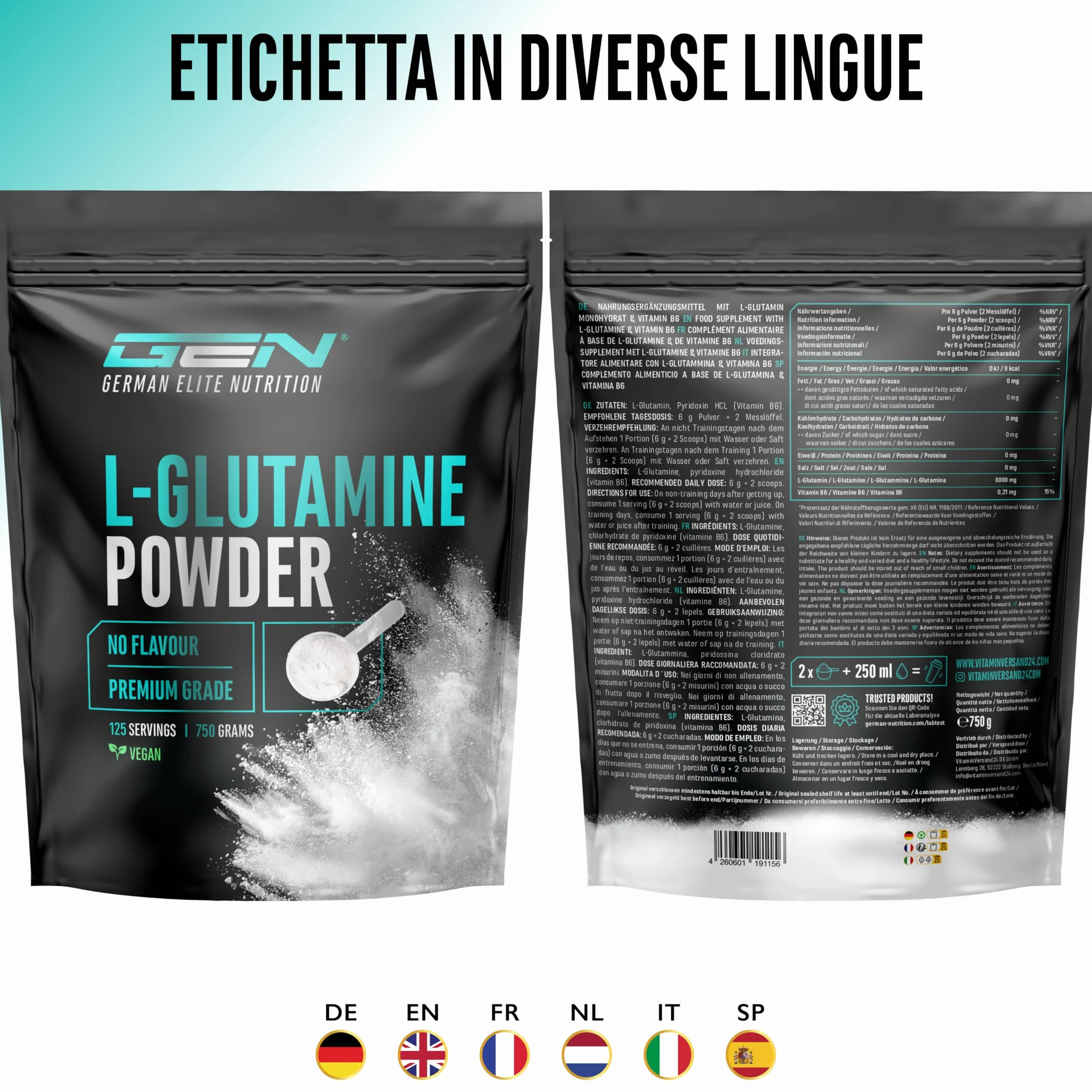 L-Glutammina in polvere - 750 g - Premium: pura e ultrafine senza additivi - 100% aminoacido L-Glutammina micronizzato - Neutro non aromatizzato - Altamente dosato - Vegan