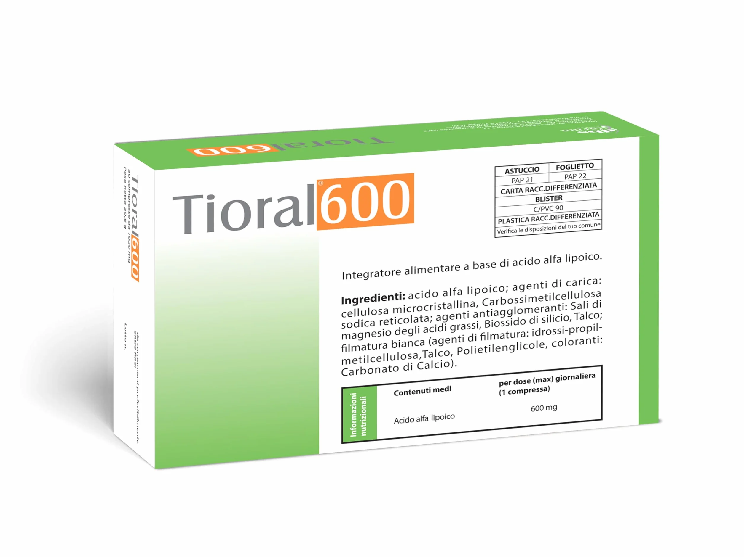 TIORAL 600 Acido Alfa Lipoico 600 mg Integratore 30 Compresse Made in Italy