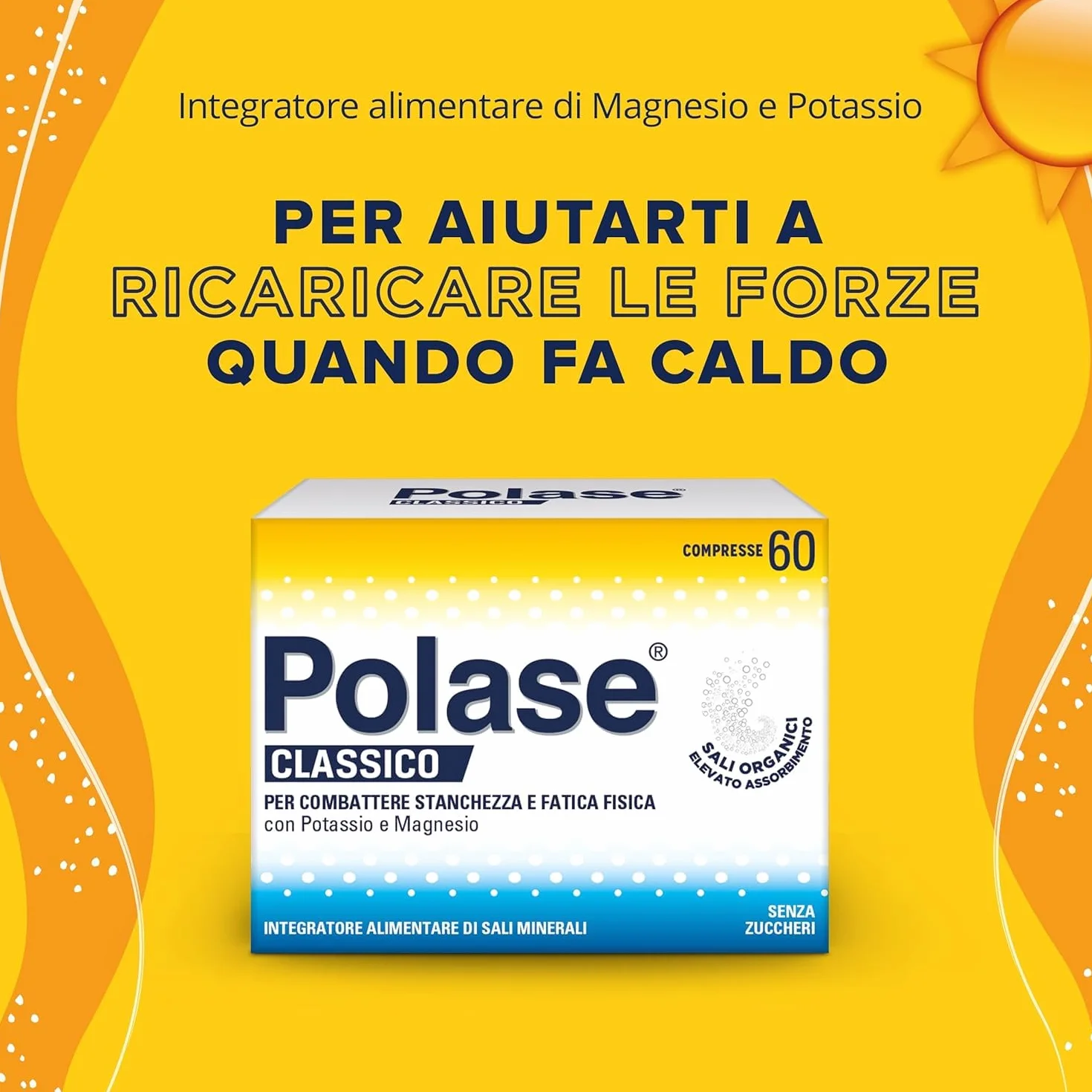 Polase Classico, Magnesio e Potassio,Integratore Alimentare, contro Stanchezza e Fatica Fisica, Caldo, Sali Minerali Organici, 60 Compresse