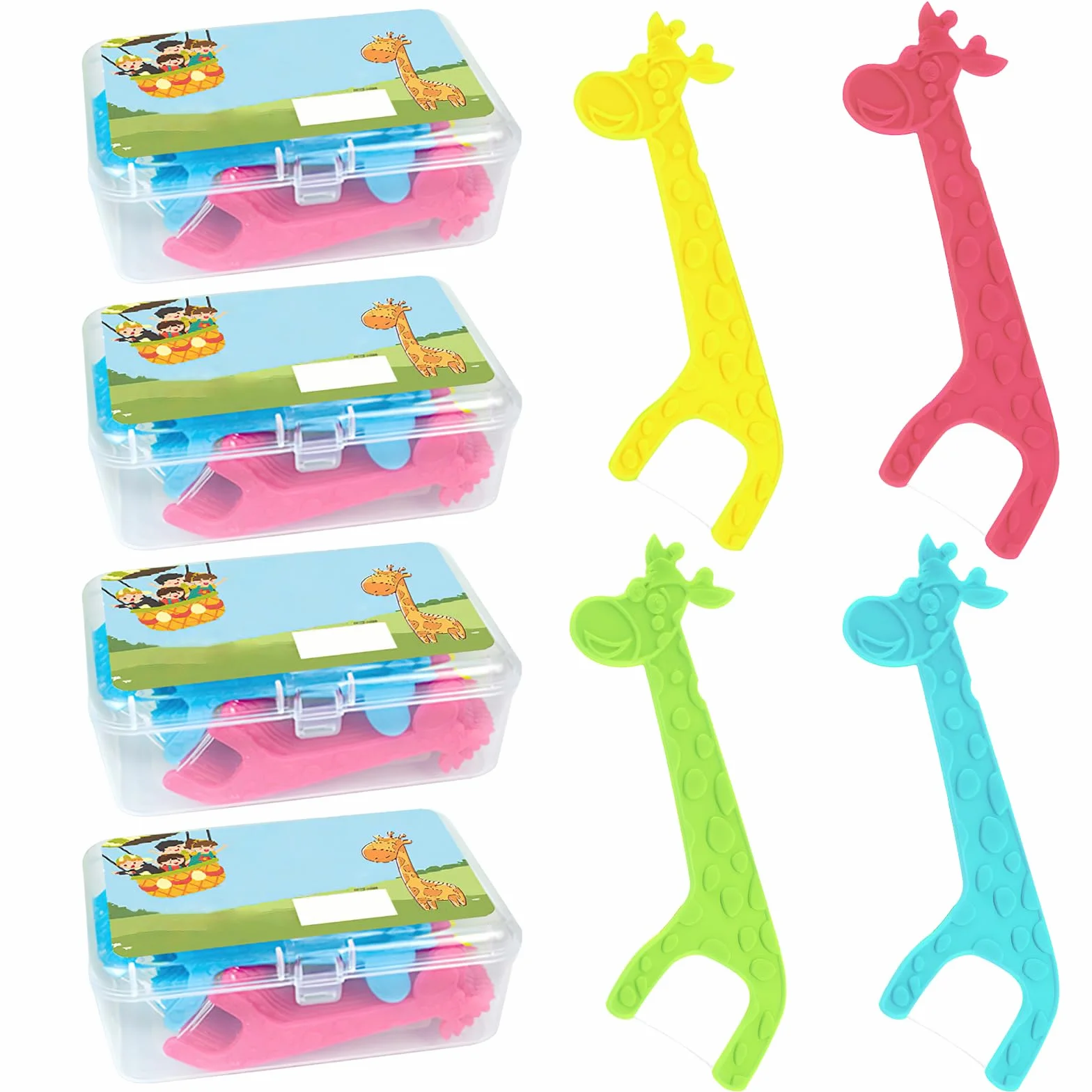 TNSLAND Filo Interdentale per Bambini Giraffa 4 Colori 4 Confezioni da 40 Fili Senza Cera e Antiscivolo per Spazi Ristretti