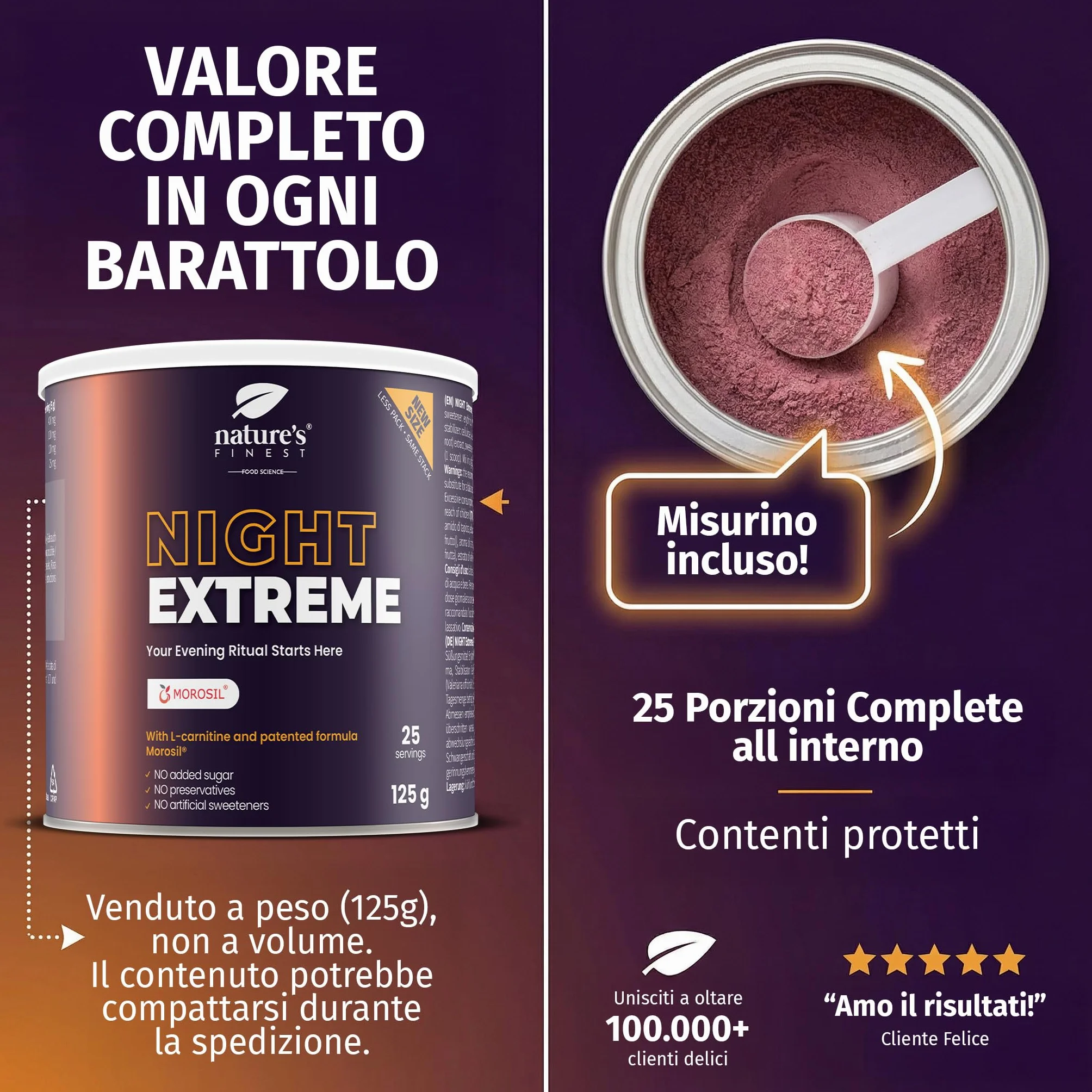 Nature's Finest Night Burn Extreme Bevanda Serale in Polvere 125g Arancia Rossa Morosil Valeriana Vite Rosso Vegana Senza Glutine