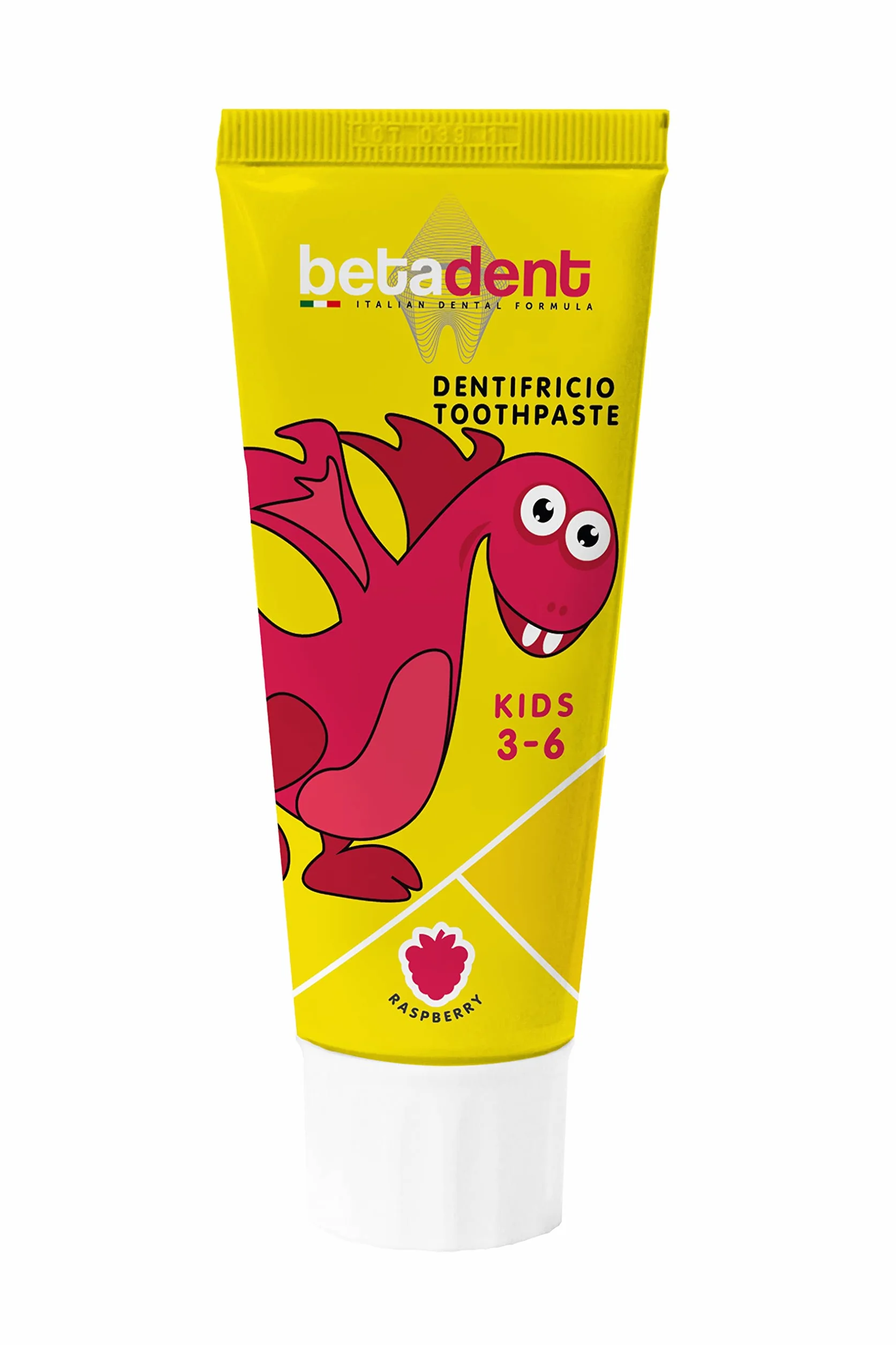 Betadent DENTIFRICIO KIDS per bambini 3-6 anni. Gusto Lampone. Azione anti placca e anti carie. Equilibrato dosaggio di Sali di Fluoro alla concentrazione di 430 ppm F - 75 ml