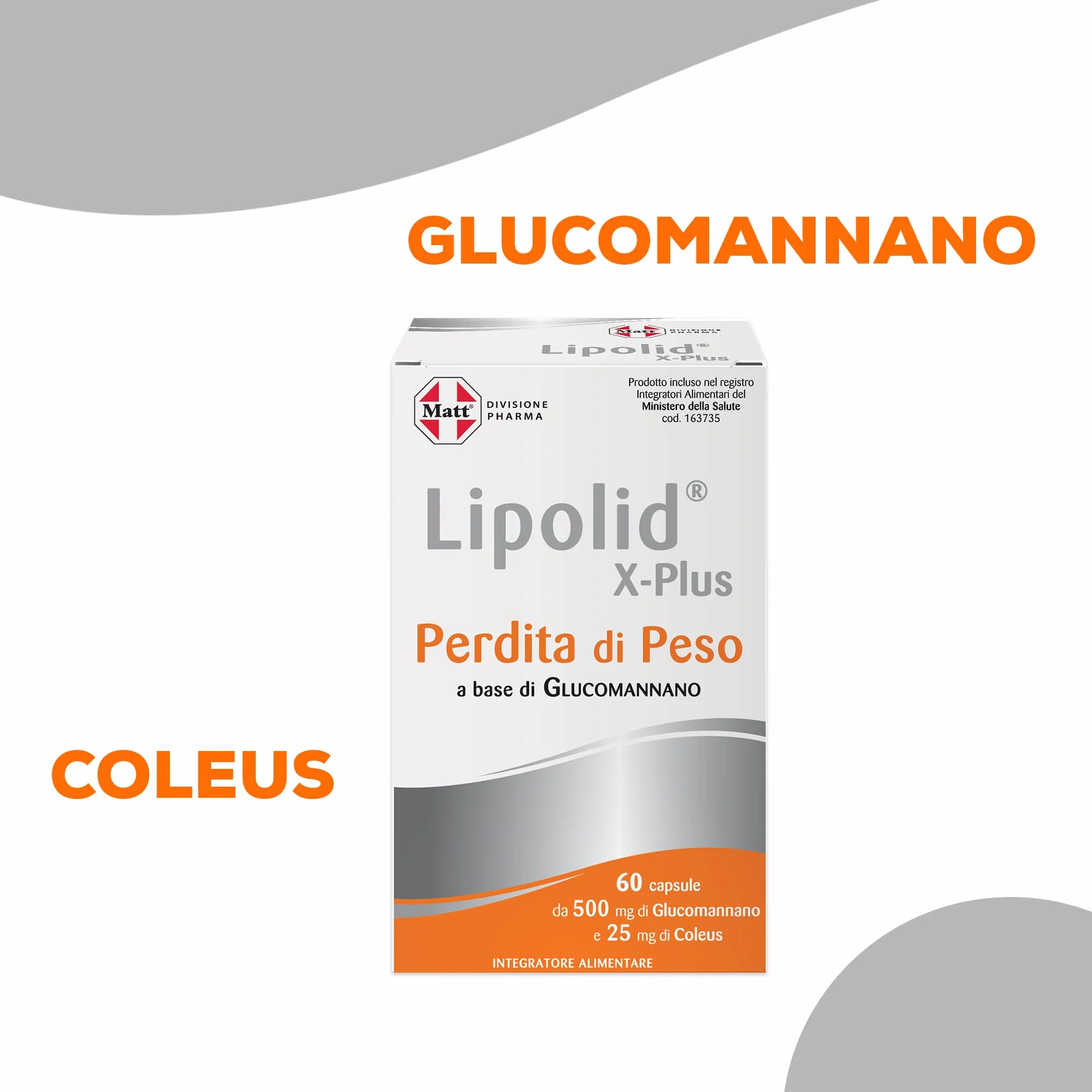 Matt, Lipolid X-Plus, Integratore Alimentare a Base di Glucomannano con Coleus, Ideale per una Dieta Ipocalorica, Aumenta il Senso di Sazietà, Senza Glutine, Confezione da 60 Compresse