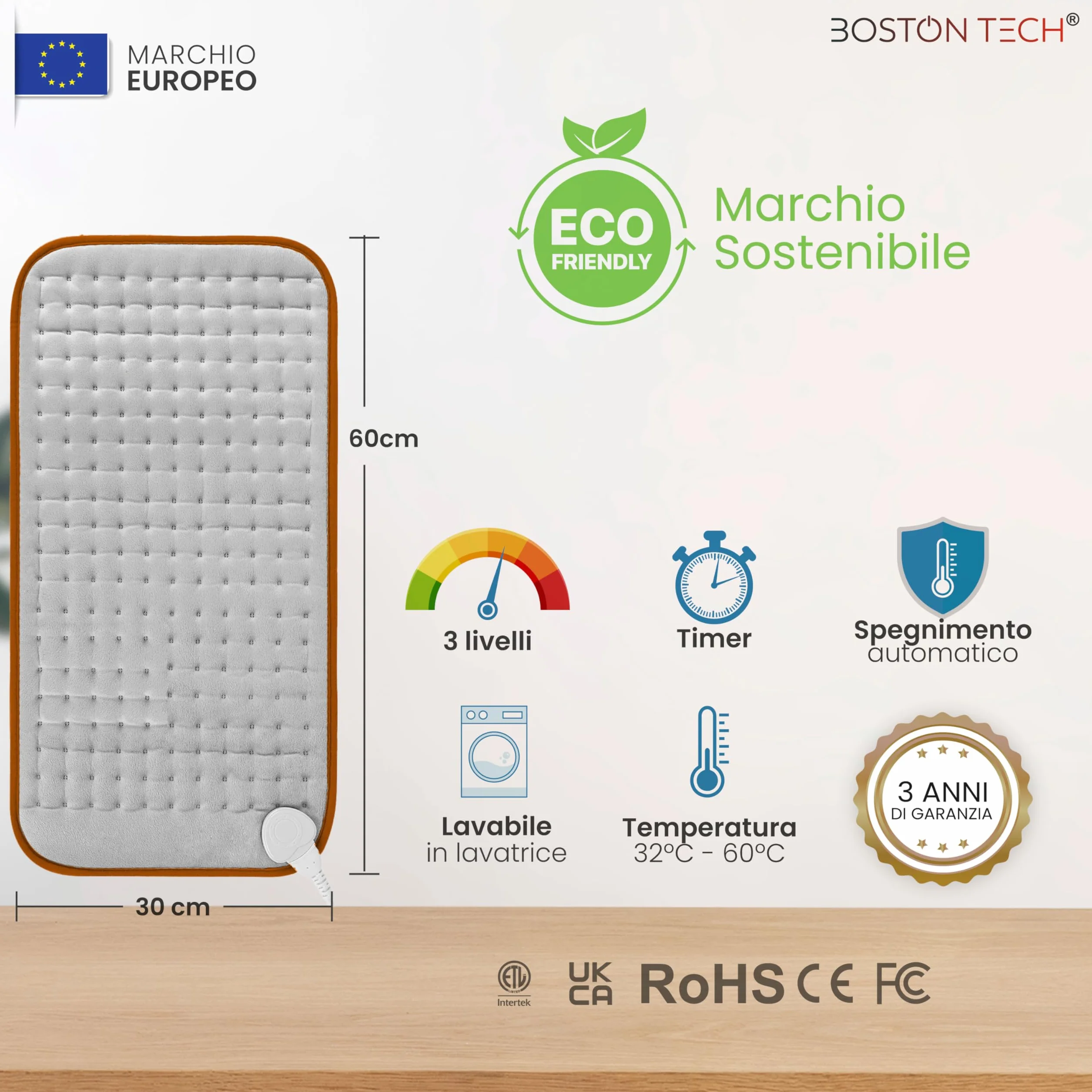 Termoforo Elettrico FlexiHeat | Microfibra Morbida 30x60cm | Riscaldamento Rapido | Sollievo dal Dolore | 3 Livelli di Temperatura + Spegnimento Automatico | Display Illuminato | Lavabile in Lavatrice
