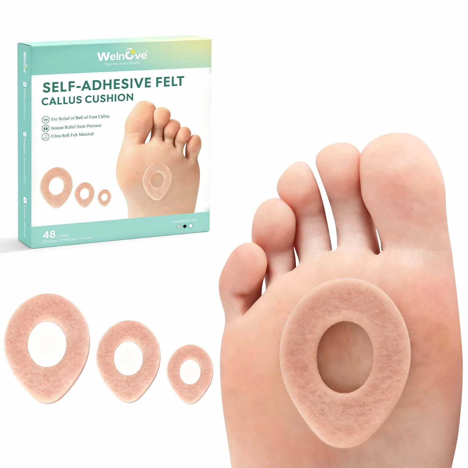 Welnove Cerotti Occhio di Pernice 48pcs - Cerotti Calli Piedi Cuscinetti per Calli - Proteggono Piedi Talloni e Dita da Sfregamenti - Design Ovale