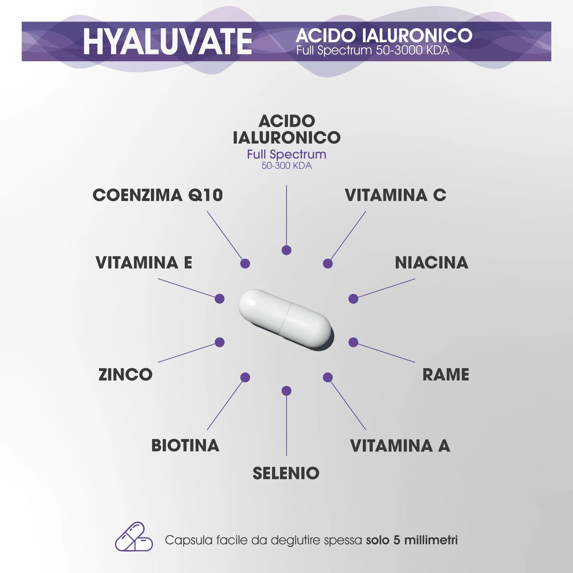 HYALUVATE Integratore Capelli Donna con Acido Ialuronico Puro + Biotina 3 Mesi - Vitamine per Capelli, Pelle e Unghie, Zinco e Vitamina C, Vegan, 90 Capsule Acidoresistenti