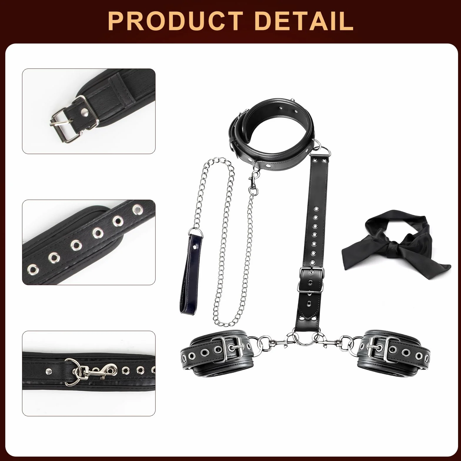 BDSM Pelle Sexytoysys Coppia Manette e Collare Staccabili Giocattolo Sessuale con Benda Nero