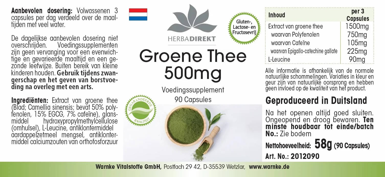 Estratto di tè verde - 90 capsule - 1500mg per dose giornaliera - EGCG - Camellia sinensis - min. 50% di polifenoli - vegano | HERBADIREKT by Warnke Vitalstoffe - Qualità farmaceutica tedesca