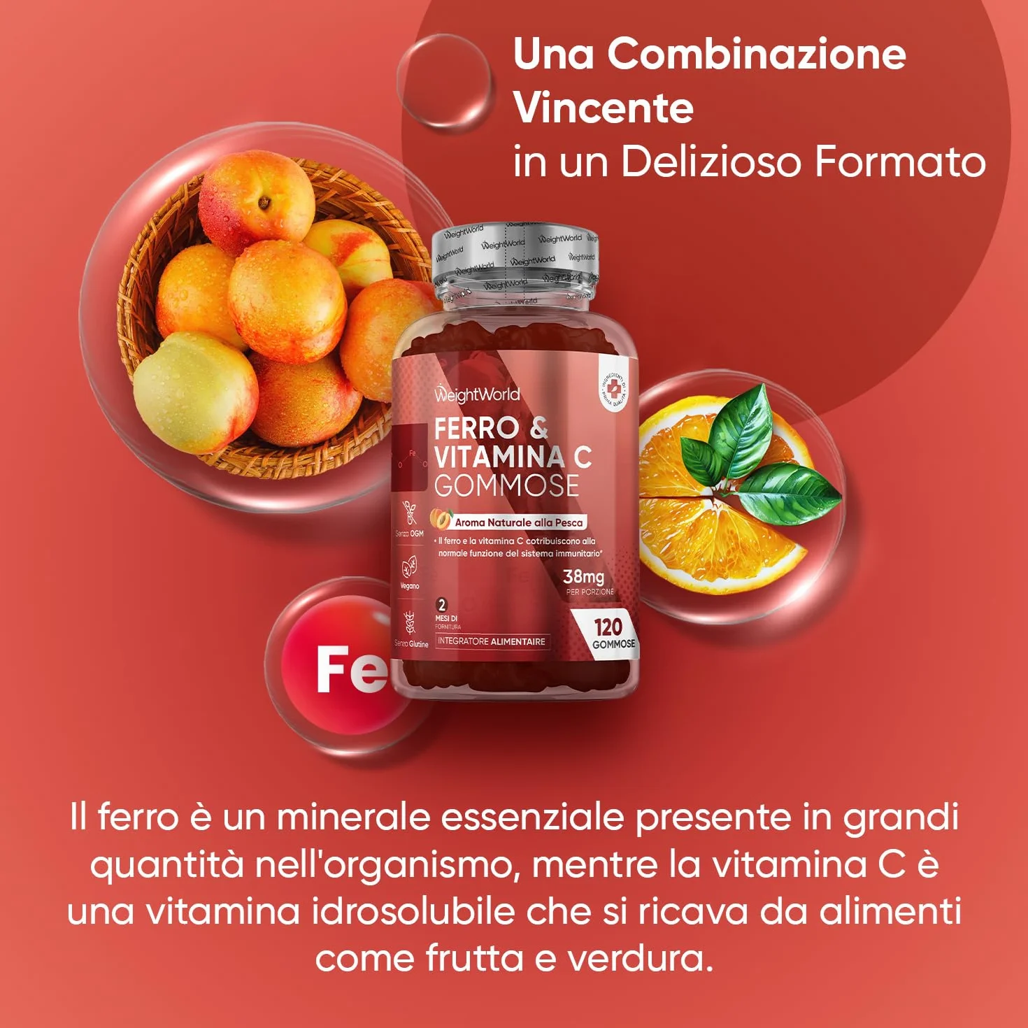 Integratore Ferro e Vitamina C in 120 Caramelle Gommose Vegane (Scorta 2 Mesi), 38mg di Ferro Integratore (Fumarato Ferroso) con Vitamina C (Acido L-Ascorbico), Gusto Naturale di Pesca, Senza Glutine