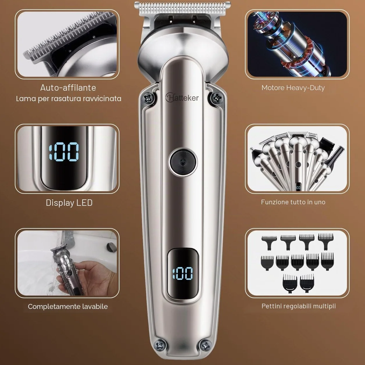 Hatteker Regolabarba Rasoio Elettrico Barba Professionale 7 in 1 Macchinetta per Barba