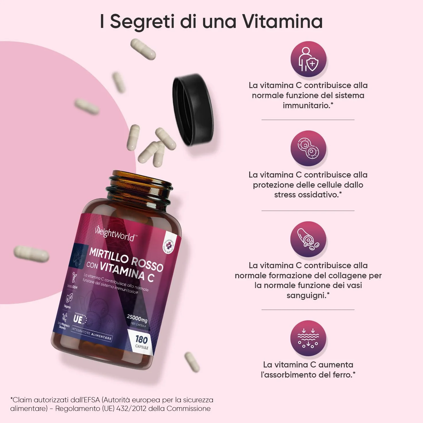 Mirtillo Rosso Vegano 180 Cranberry Capsule 25000mg per Capsula Integratore Alimentare Estratto 50:1 con Vitamina C
