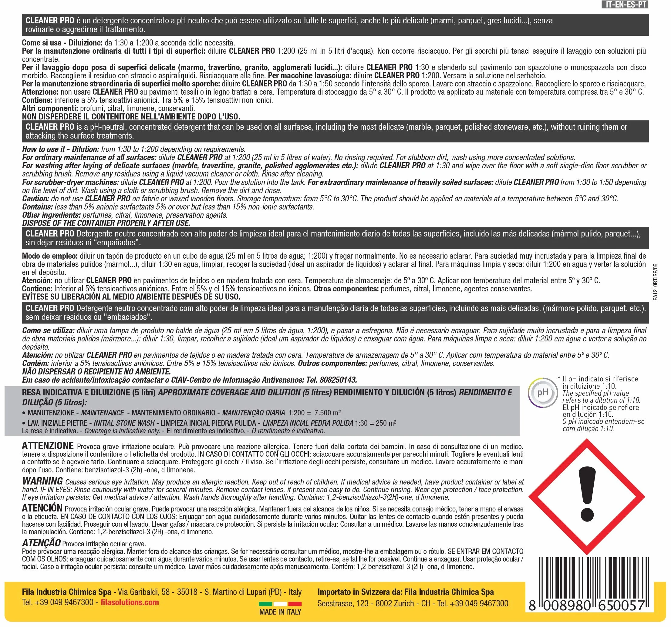 FILA CLEANER PRO Detergente Universale per Pavimenti Concentrato 5L