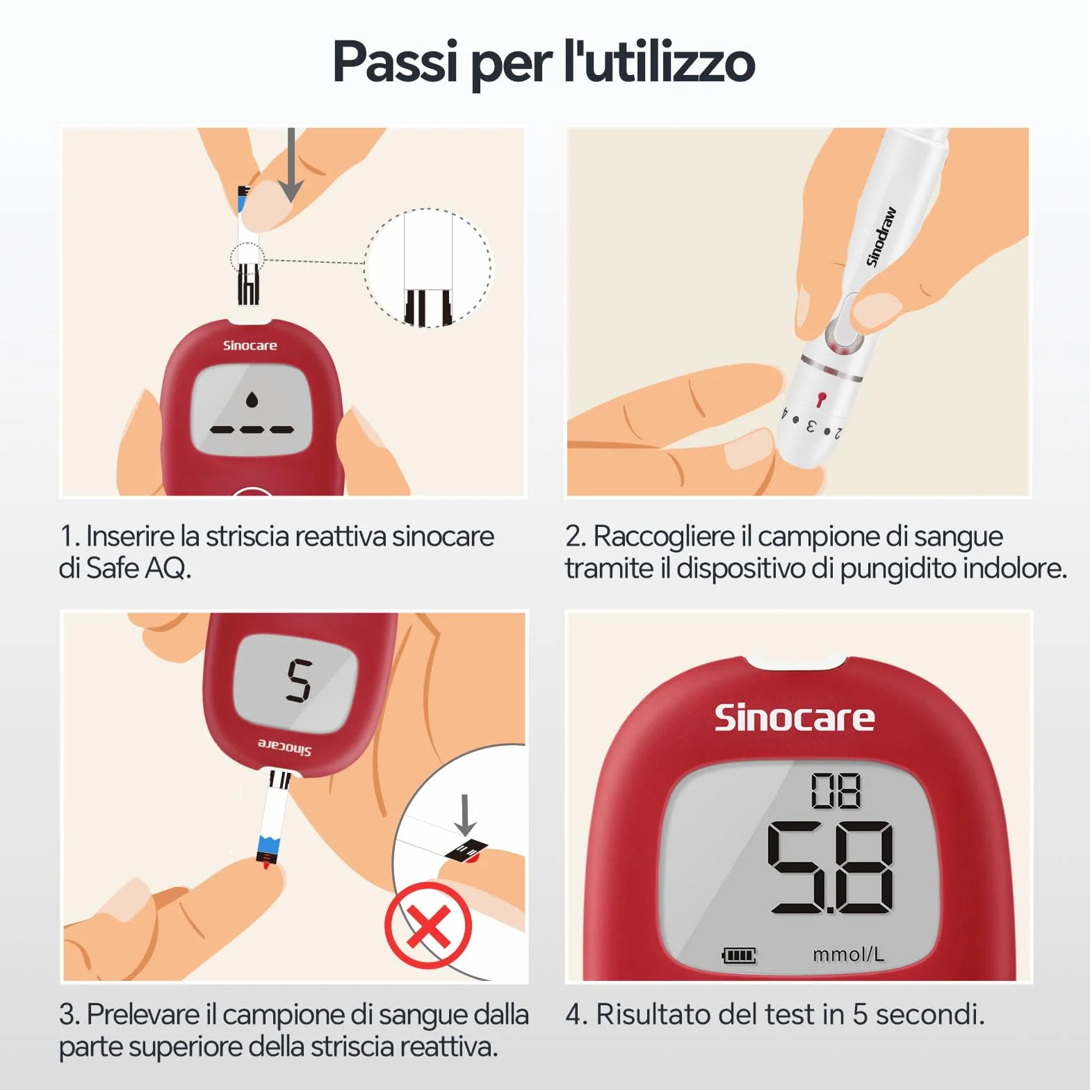 Sinocare Safe AQ Strisce per Glicemia 50 Pezzi Adattabili a Safe AQ Smart/AQ Voice/AQ Air Glucometro