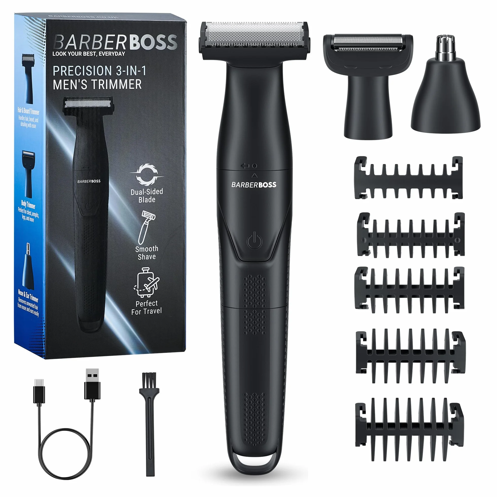 BarberBoss Set per la toelettatura dei dettagli, 3 in 1, per uomo, barba, parrucchiere, body groomer, trimmer naso e orecchie, rasoio senza fili con ricarica USB (Nero)