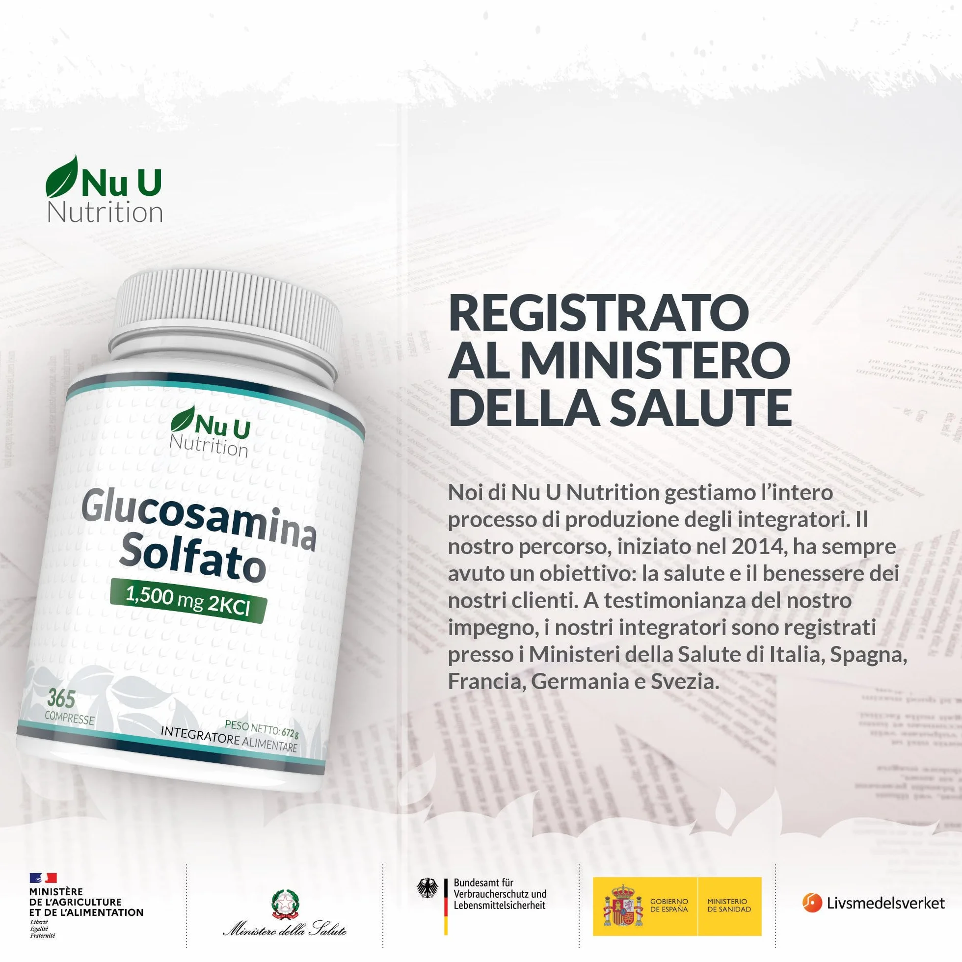 Glucosamina Solfato 1500 mg 2KCl Alto Dosaggio - 365 Compresse non Capsule - 1 Anno di Durata - Integratore per Articolazioni - Prodotto in Europa - Nu U Nutrition