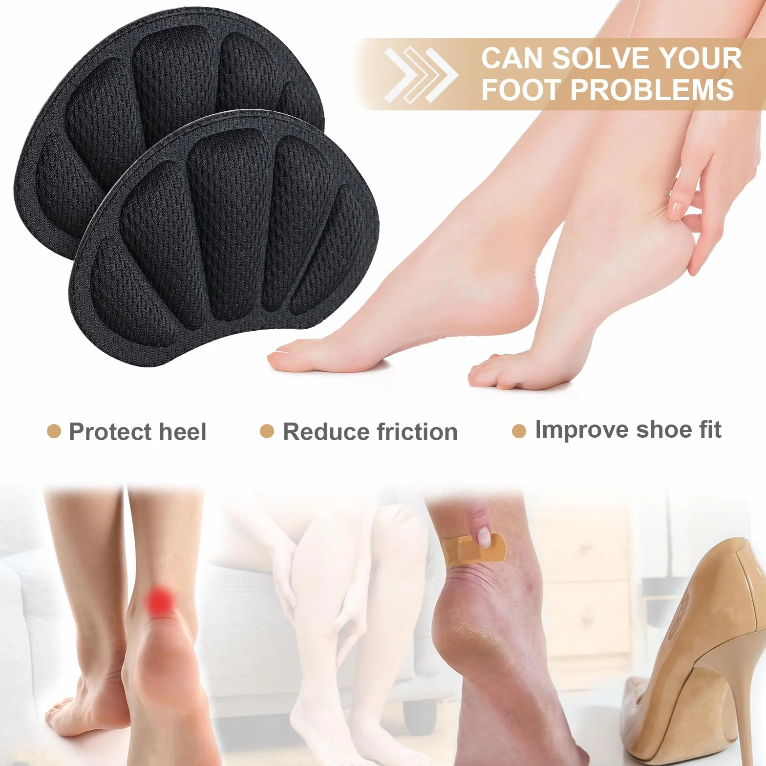 3 PAIA cuscinetti salva tallone per scarpe, proteggi tallone autoadesivo e antiscivolo, solette, inserti morbidi per prevenzione sfregamenti e un confort ottimale (nero)