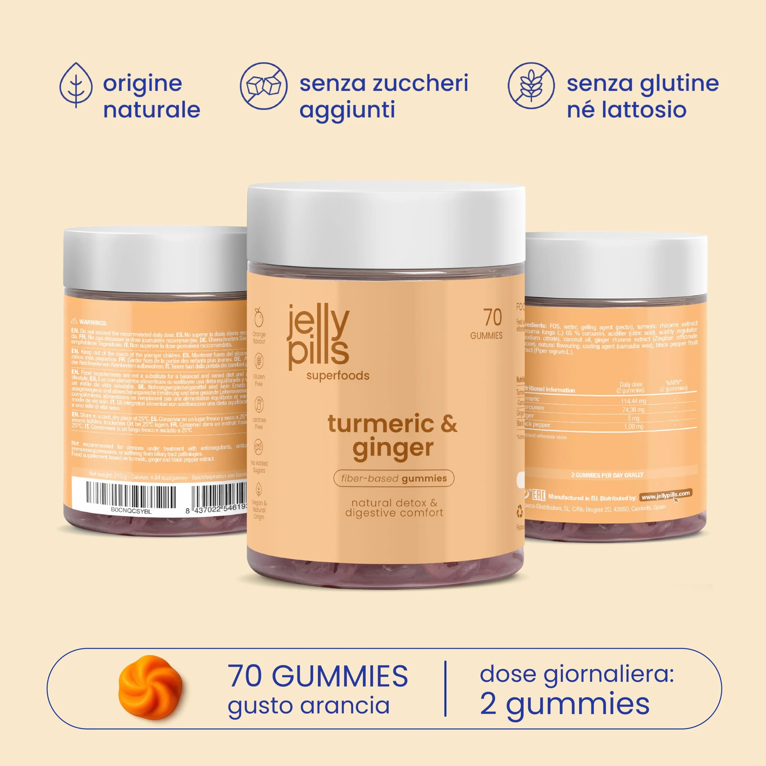 Jelly Pills Gommose Curcuma Zenzero Pepe Nero 70 Gummies Vegane Senza Zuccheri Aggiunti Gusto Arancia Naturale Salute Digestiva