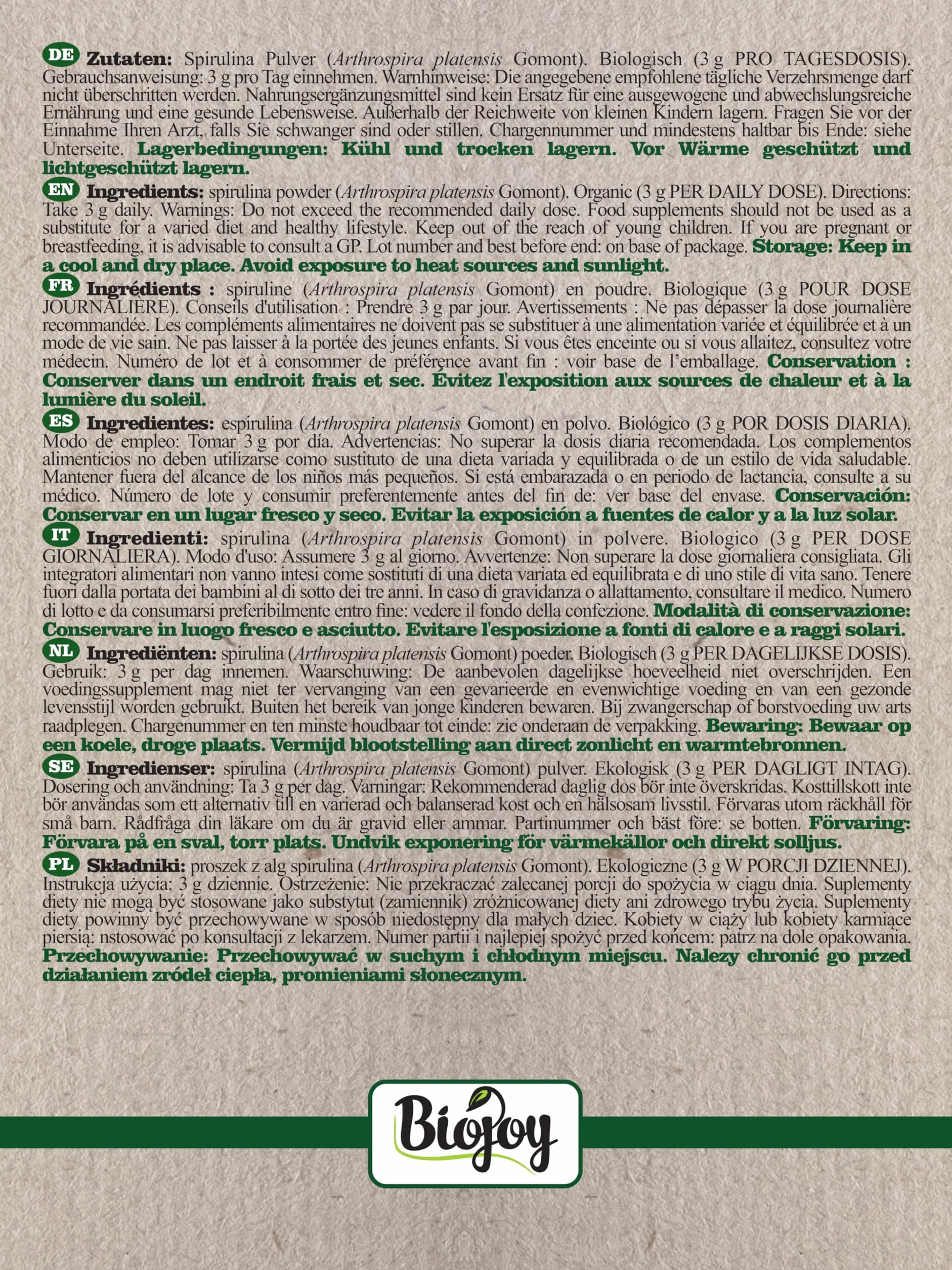 Biojoy Spirulina Biologica in Polvere 1 kg Pura Senza Additivi Arthrospira platensis
