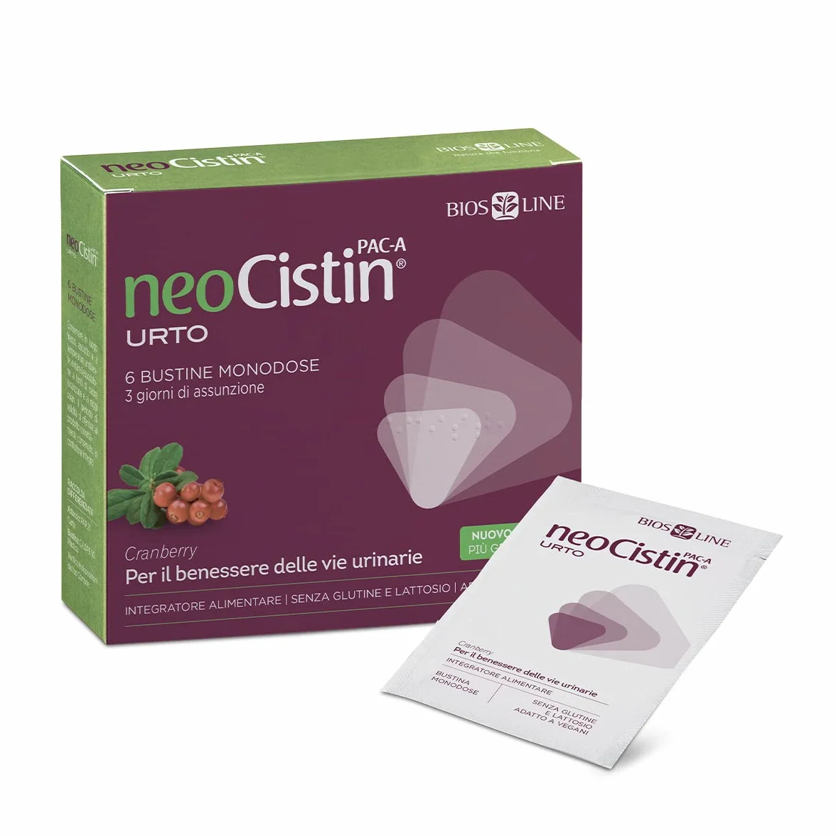 NEOCISTIN PAC-A Urto, Integratore Alimentare per il Benessere delle Vie Urinarie, con Cranberry (Mirtillo Rosso Americano), D-Mannosio, Vitamina C, Quercetina, 6 Bustine