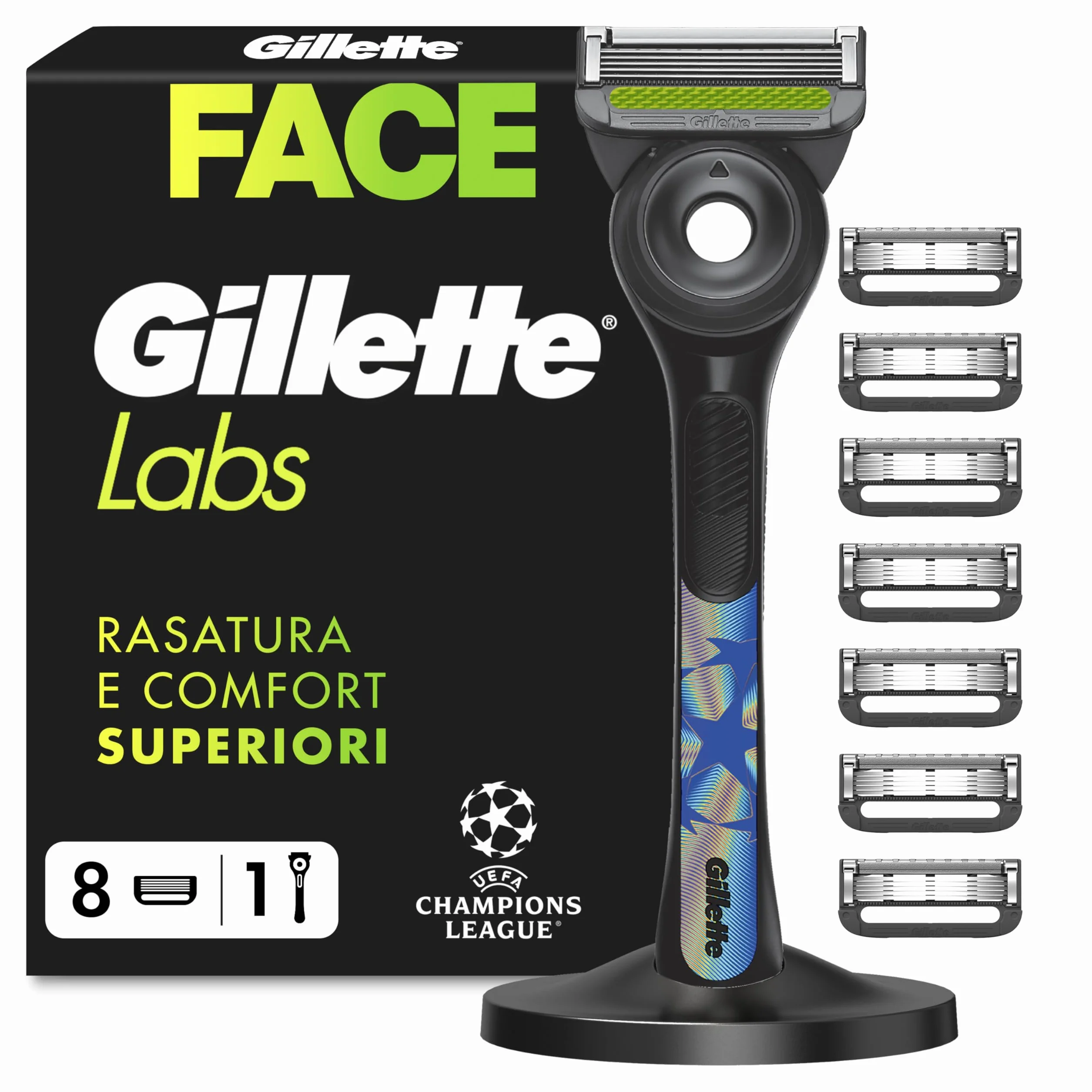 Gillette Uefa Champions League Special Edition Gillette Labs Rasoio a Mano Libera con Barra Esfoliante, 1 Manico + 8 Lamette di Ricambio, Include Base Magnetica Premium