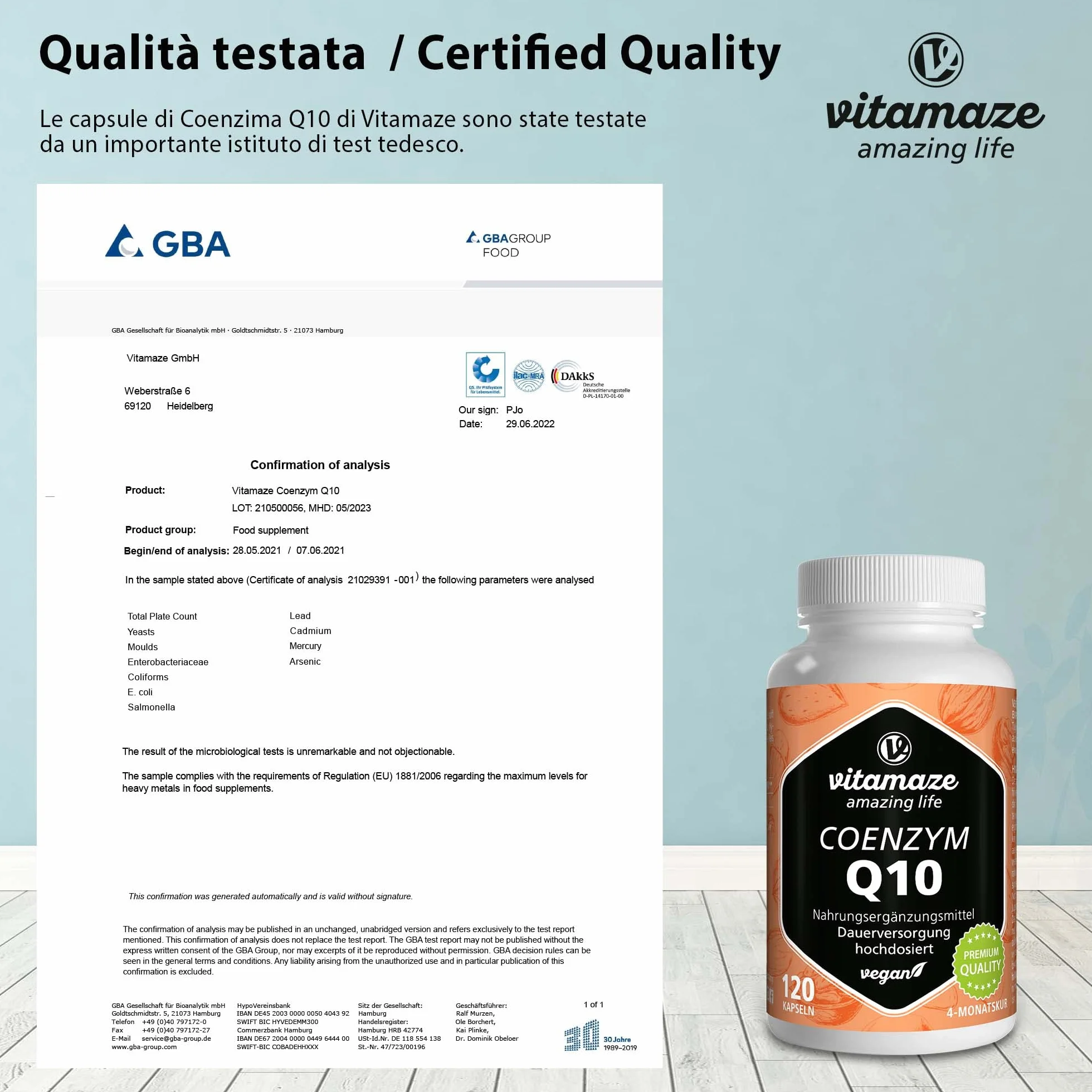 Vitamaze® Coenzima Q10 200 mg per Capsula Vegano, 120 Capsule per 4 Mesi, Ubichinone con la Migliore Biodisponibilità, Integratore Alimentare senza Additivi non Necessari, Qualità Tedesca…