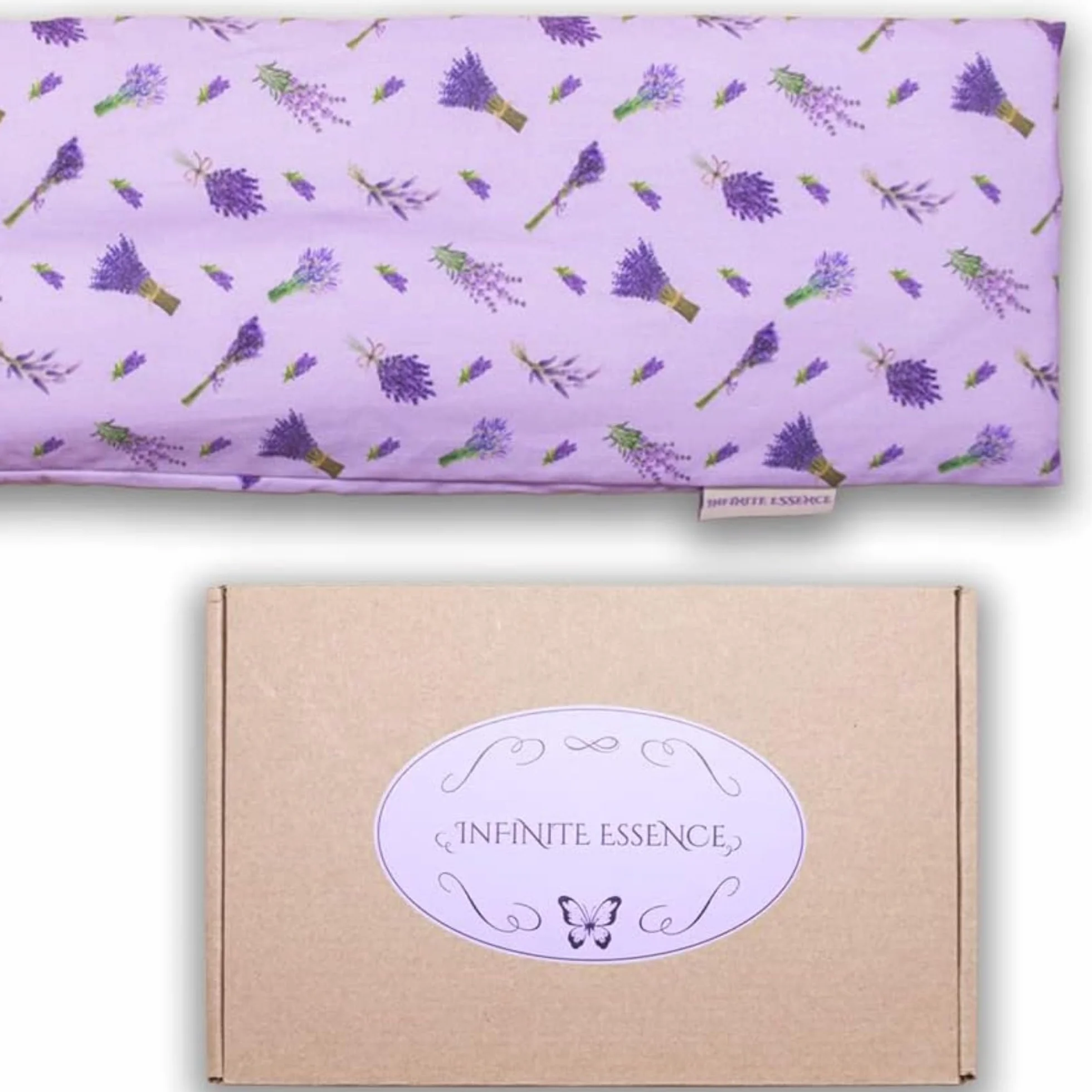 Lamare - Cuscino termico con semi di grano ecologico e lavanda, 48 x 15 cm, rivestimento lavabile 100% cotone, per cervicale e coliche, terapie a freddo e caldo, Lavanda stampata
