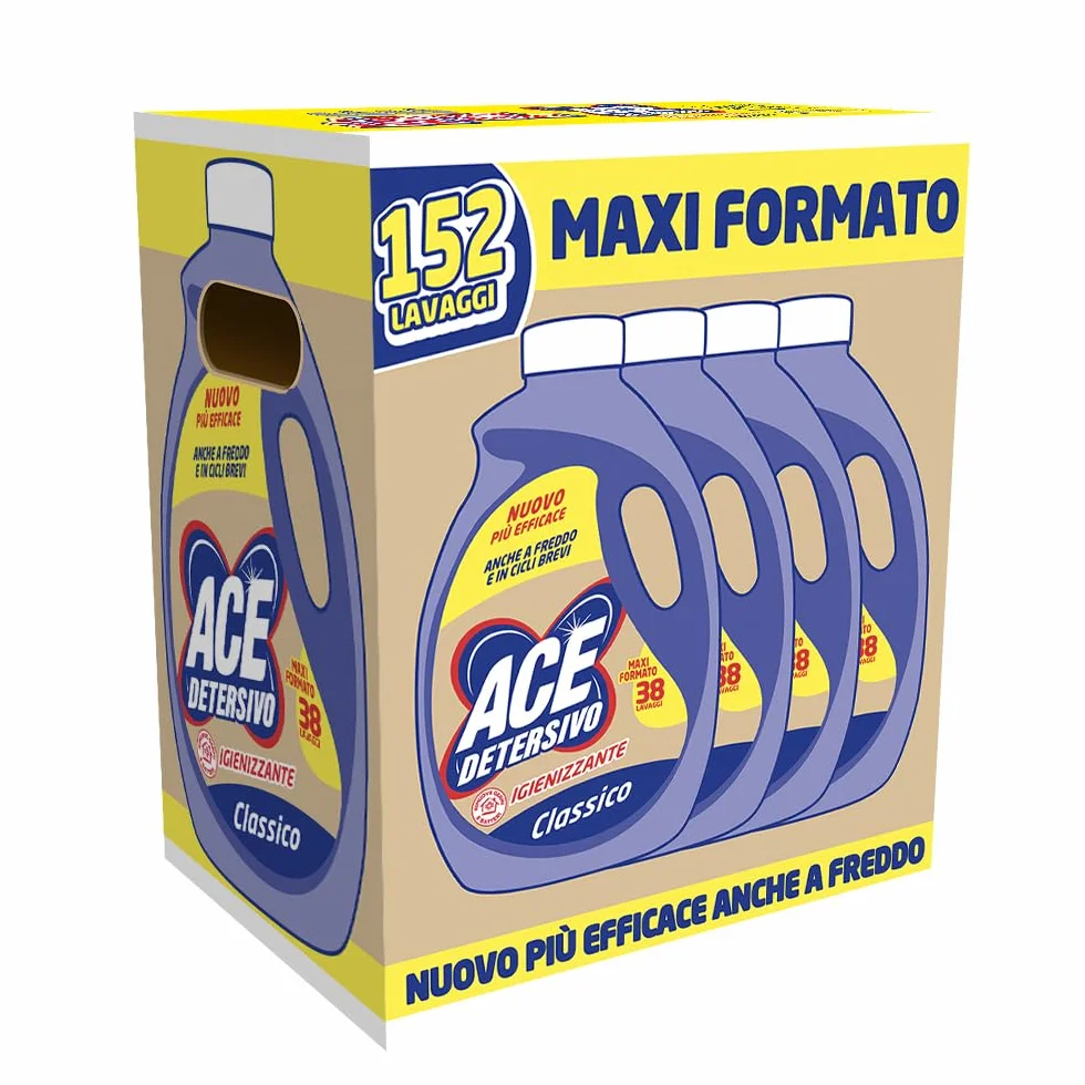 ACE Detersivo Igienizzante Classico – Detersivo Liquido Lavatrice, Rimuove Macchie e Sporco, Igienizza Tessuti, Bucato Pulito e Fresco anche a Freddo, Formula Efficace e Profumo Duraturo, 152 lavaggi