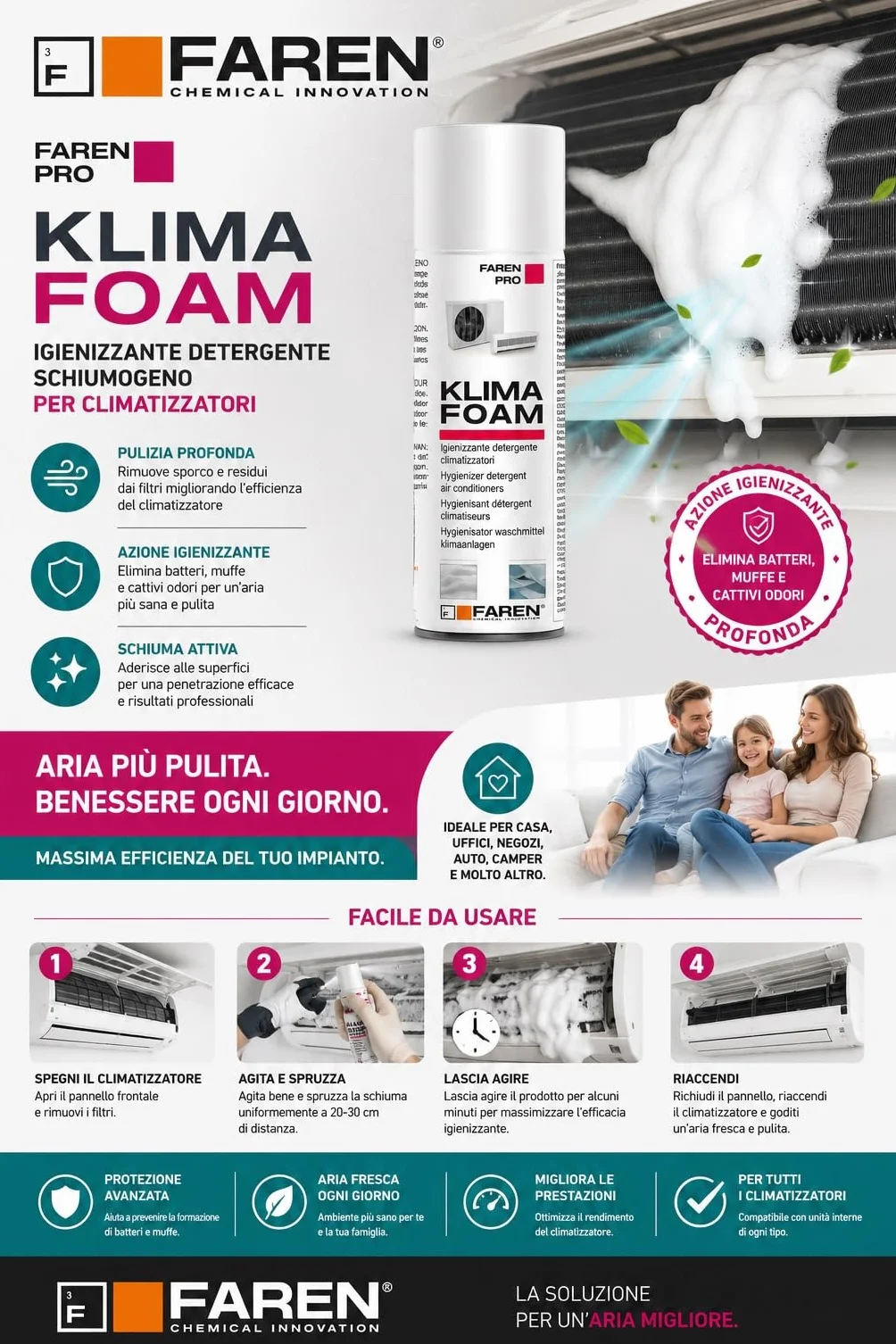 KLIMA FOAM Faren Detergente Igienizzante Spray Schiumogeno per Condizionatori 400ml