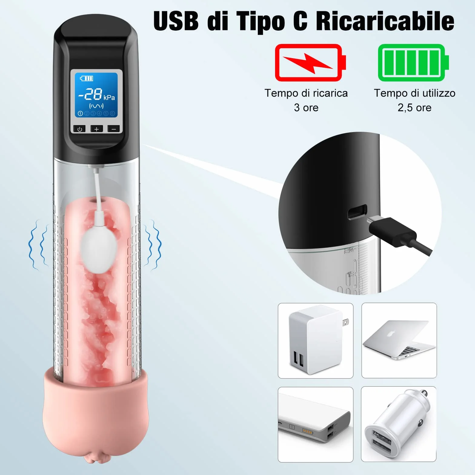 2 IN 1 Pompa per Pene Ingrandimento-Pene Pompe Elettriche con 6 Potenze di Aspirazione e 9 Intensità di Vibrazione - Automatica Maschile funziona Anche Come Masturbatore Realistico