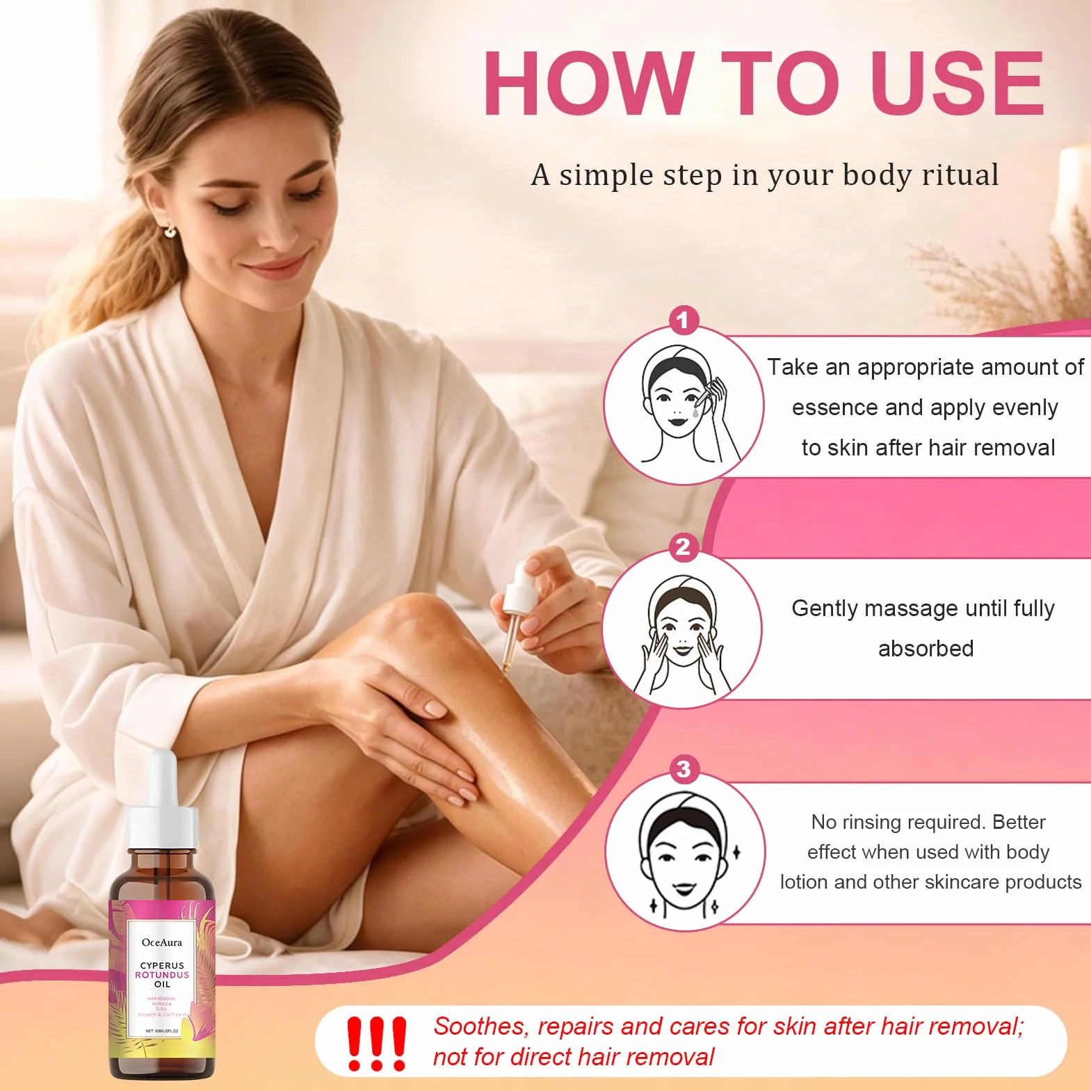 Cyperus Rotundus Oil 60ML Hair Removal, Riduce i pori e inibisce la crescita dei peli, Adatto a tutti i tipi di pelle (Rosa)