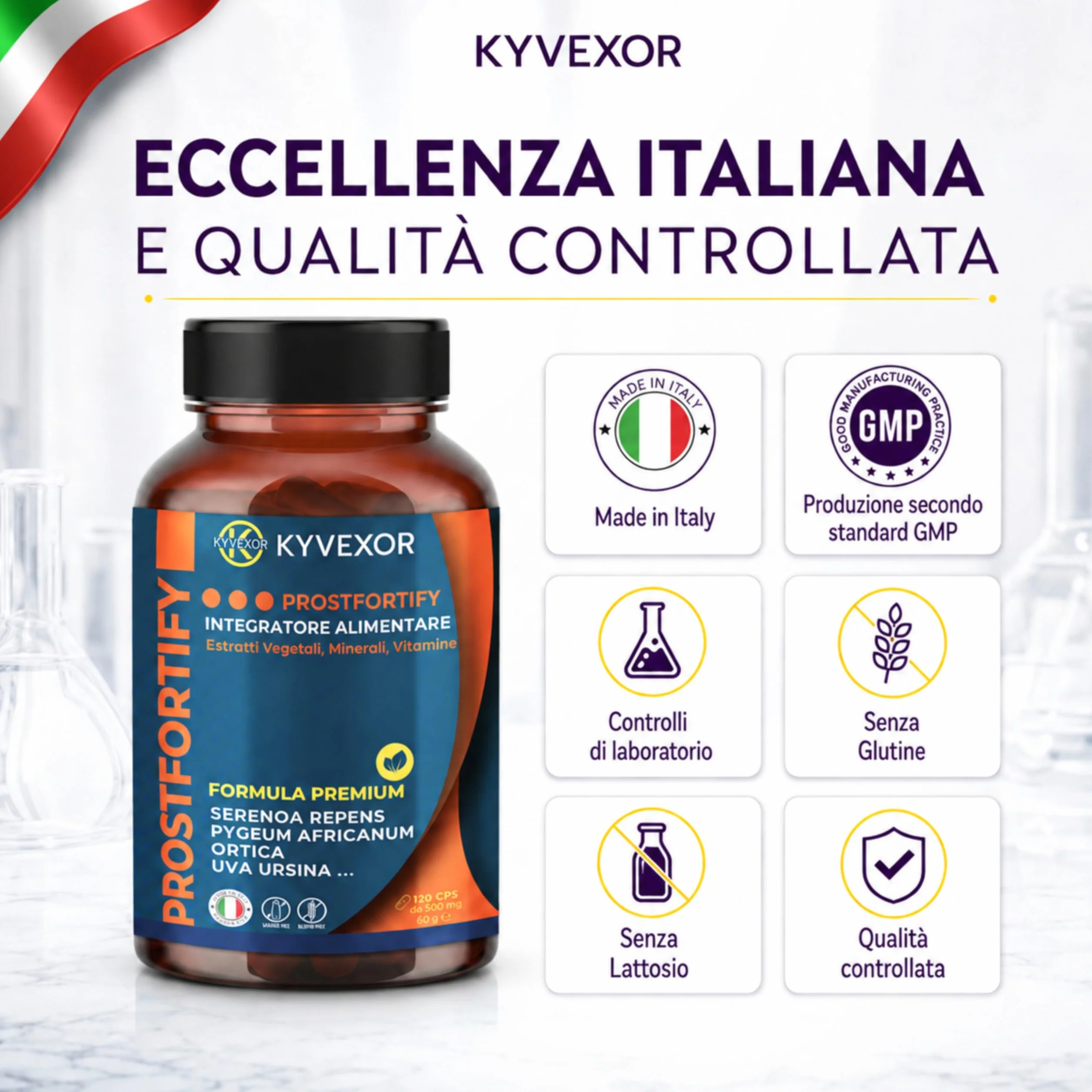 KYVEXOR ProstFortify Integratore Prostata Uomo 10 in 1 Serenoa Repens Saw Palmetto Pygeum Africanum Curcuma Zinco Vitamina C D3 Prostate Support Benessere Prostatico Vie Urinarie