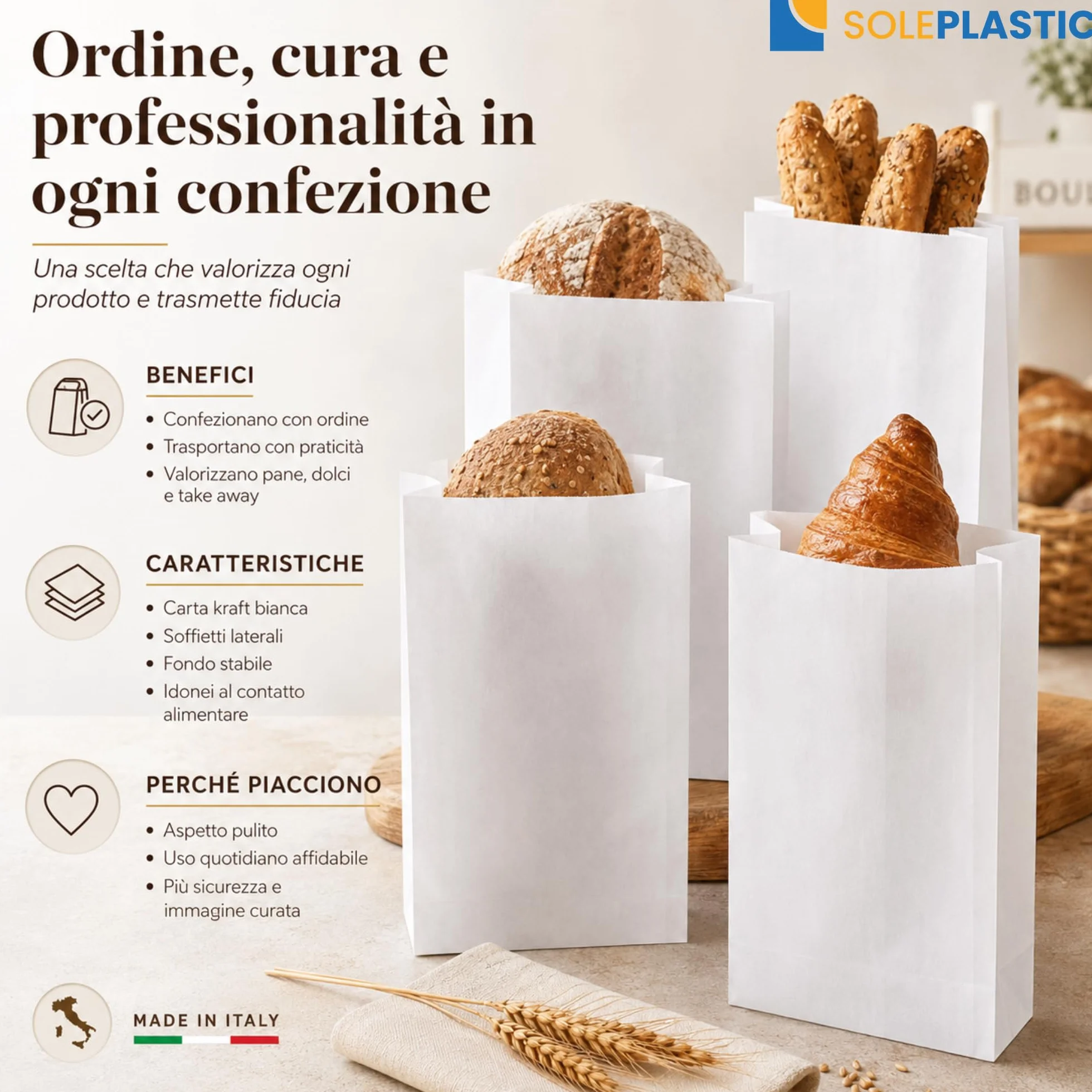 Sacchetti Carta per Alimenti Kraft 10 kg 14x28 cm Fondo Rinforzato Soffietti Laterali
