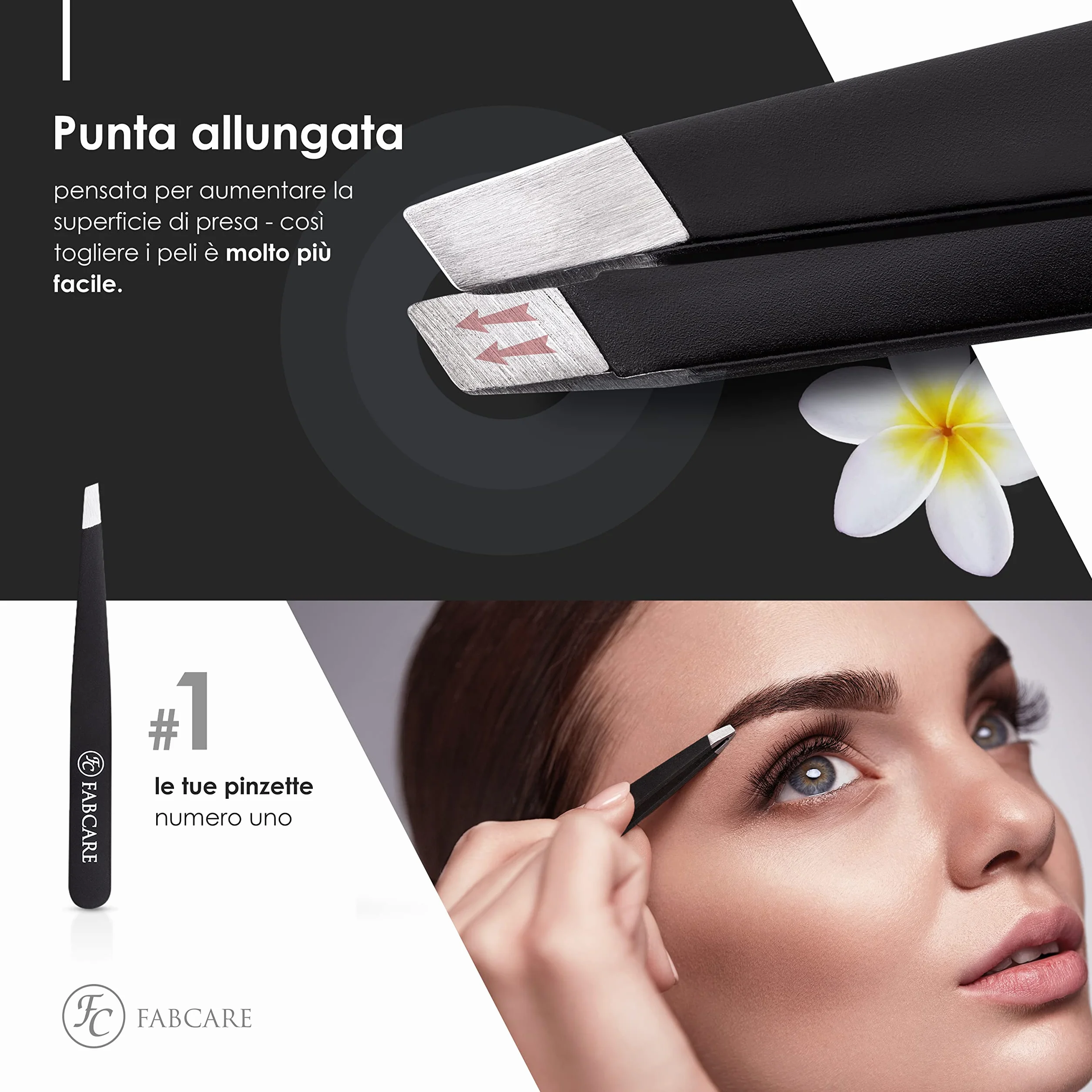 FABCARE Pinzetta per tirare le sopracciglia (obliqua) incl. custodia - punta migliorata - pinzette per sopracciglia professionali con rivestimento antiscivolo - pinzette per depilazione