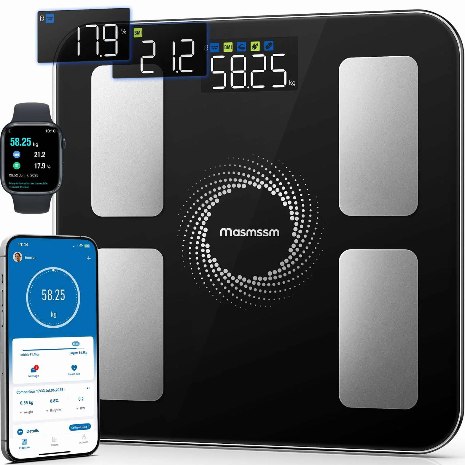 Bilancia Pesapersone Digitale Intelligente 6-in-1 con Schermo a Colori, 20 Indicatori, Grasso Corporeo e BMI, 180 kg
