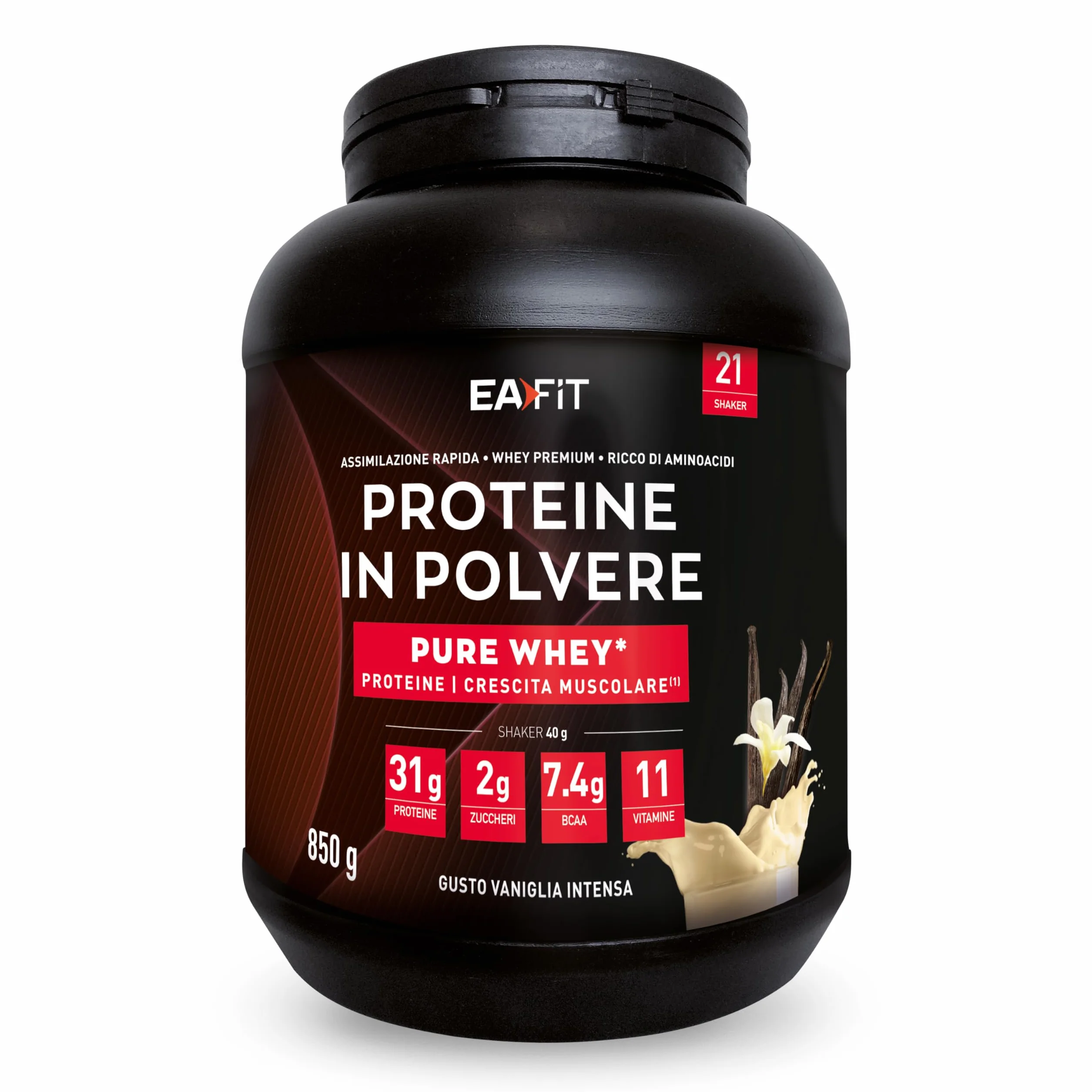 Proteine in Polvere Whey 850 g Gusto Vaniglia | 31 g Proteine per Shaker | Whey Protein Concentrate e Isolate | BCAA + L-Glutammina + Taurina | Integratore Massa Muscolare | 11 Vitamine