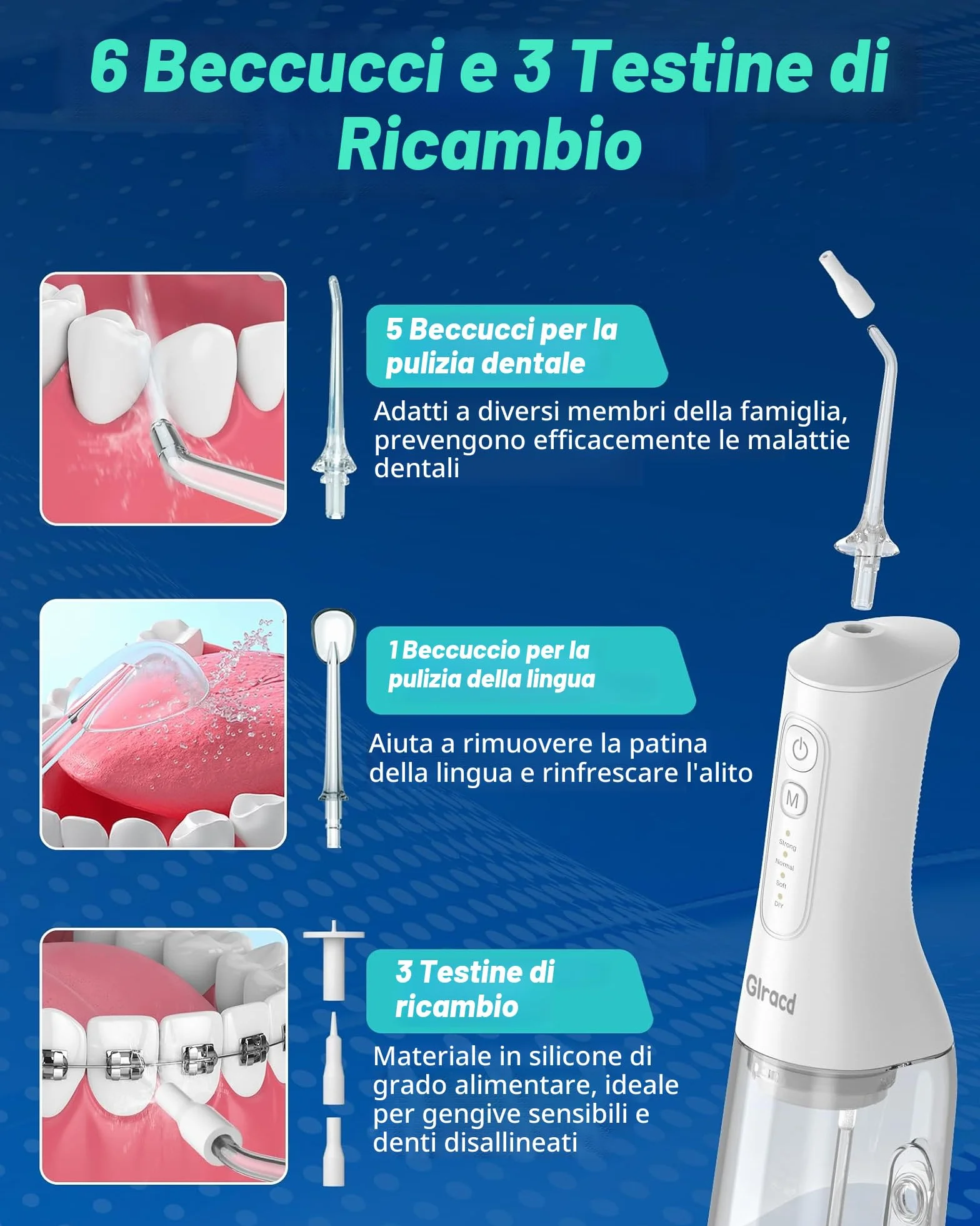 Vincitore del test Irrigatore Orale 2025, 4 Modalità, Senza Fili, Serbatoio 300 ml, 6 Punte a Getto di Pressione