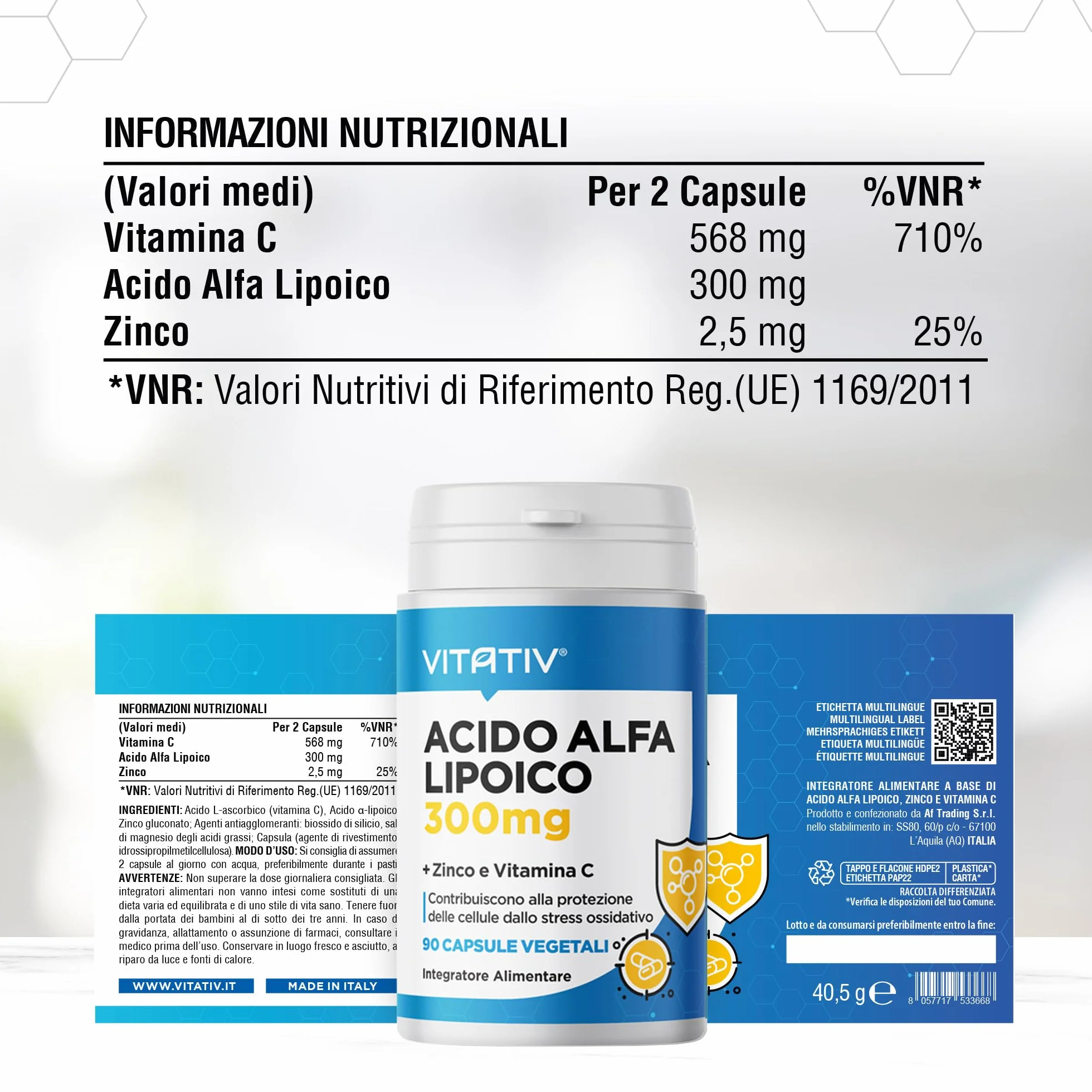 VITATIV Acido Alfa Lipoico ALA 300mg + Vitamina C e Zinco 90 Capsule Vegetali Antiossidante Made in Italy