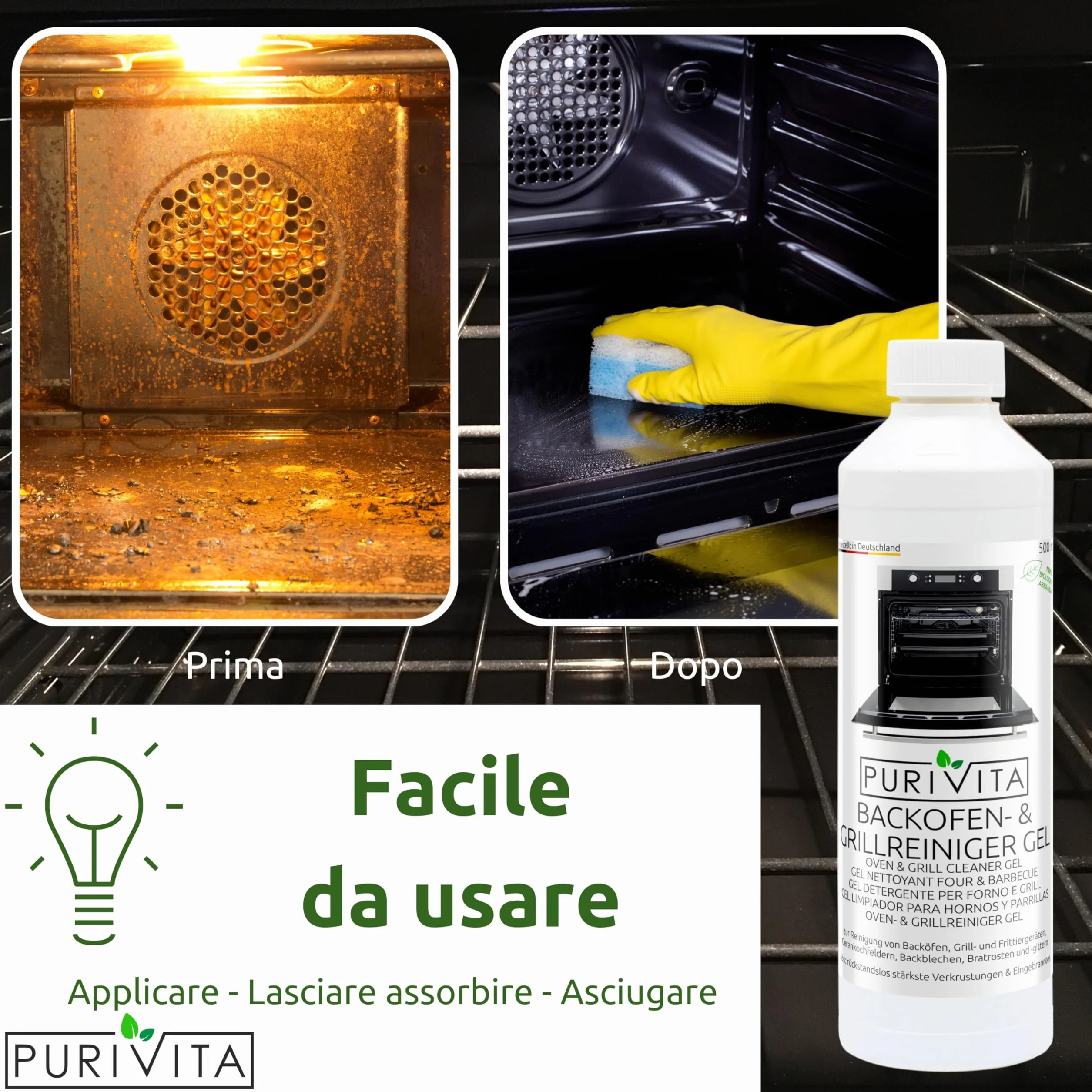 PURIVITA® Pulizia Fornr & Barbecue Grill Gel Liquido [500ML] - Detergente Pulizia Griglia Barbecue - Prodotto per Pulire il Forno & BBQ - Pulisci Forno Gel - Oven & Grill Cleaner