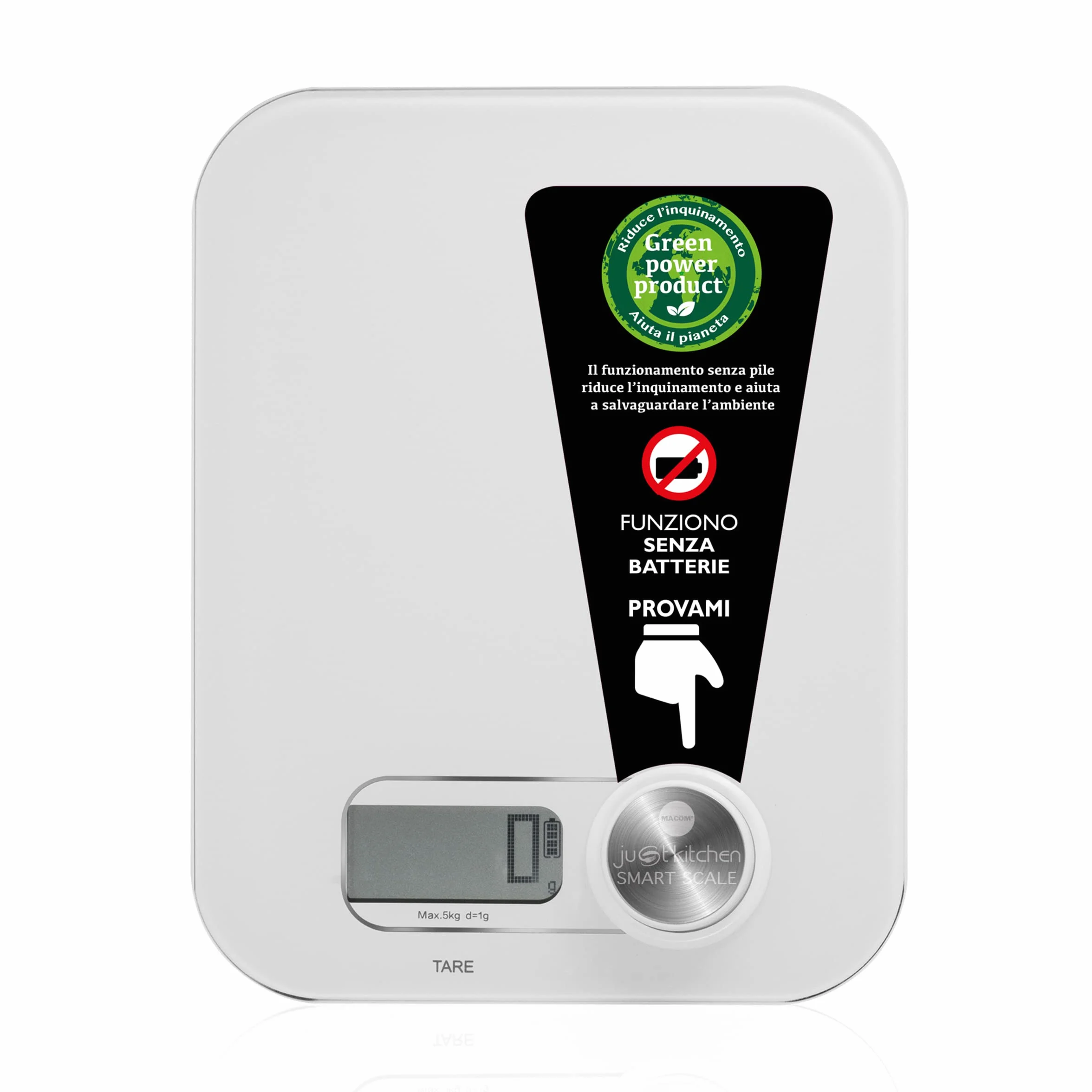 MACOM, Bilancia Elettronica per Alimenti senza Batterie, Bianco, Just Kitchen 868 Smart Scale
