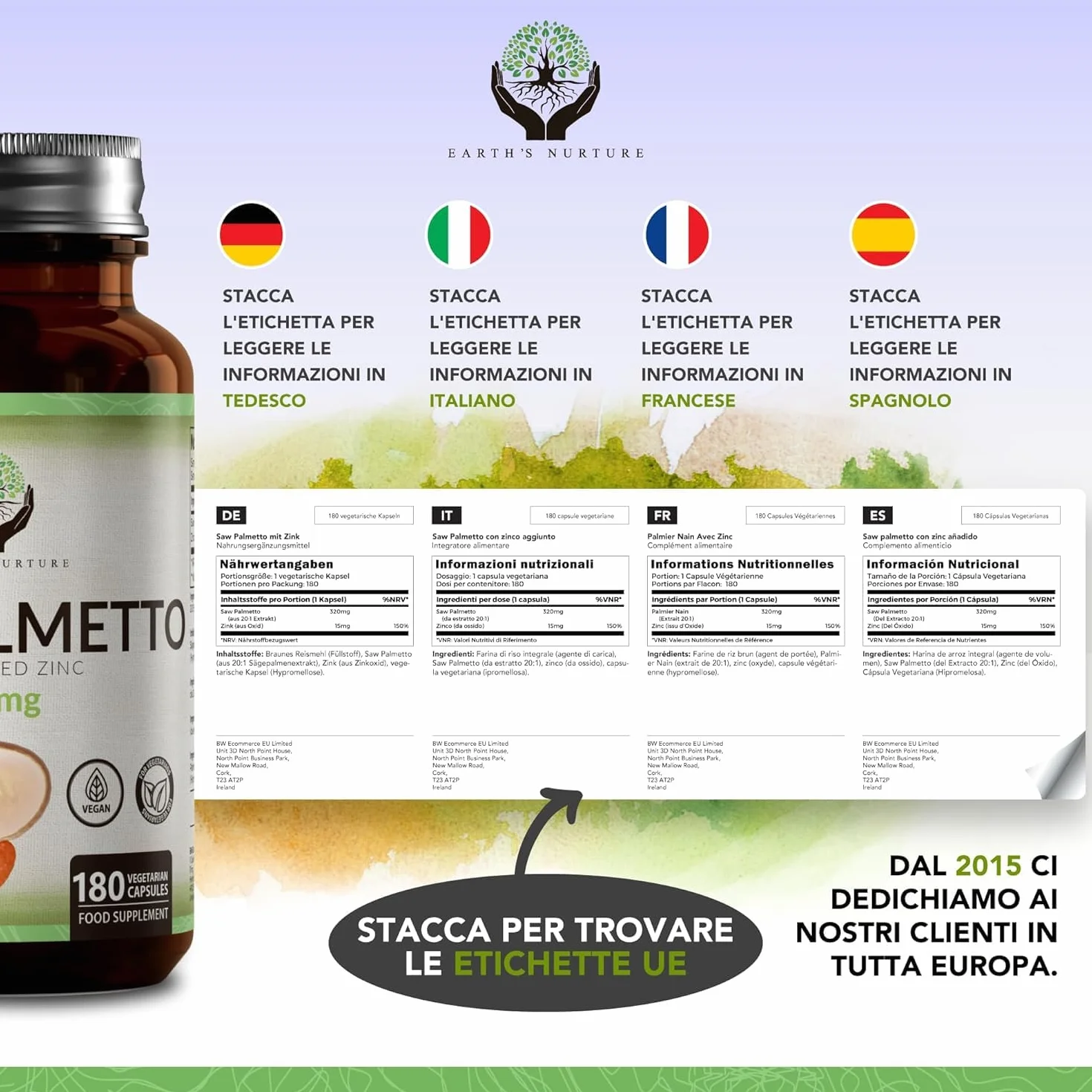 Saw Palmetto Prostata Integratore 180 Serenoa Repens Capsules 320mg con Zinco 15mg Non-OGM Senza Glutine