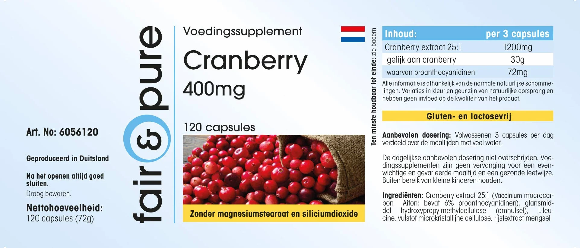 Fair & Pure ® Estratto di Mirtillo rosso 400mg - Estratto di Cranberry 30.000 mg (30g) - Vegan - 120 Capsule