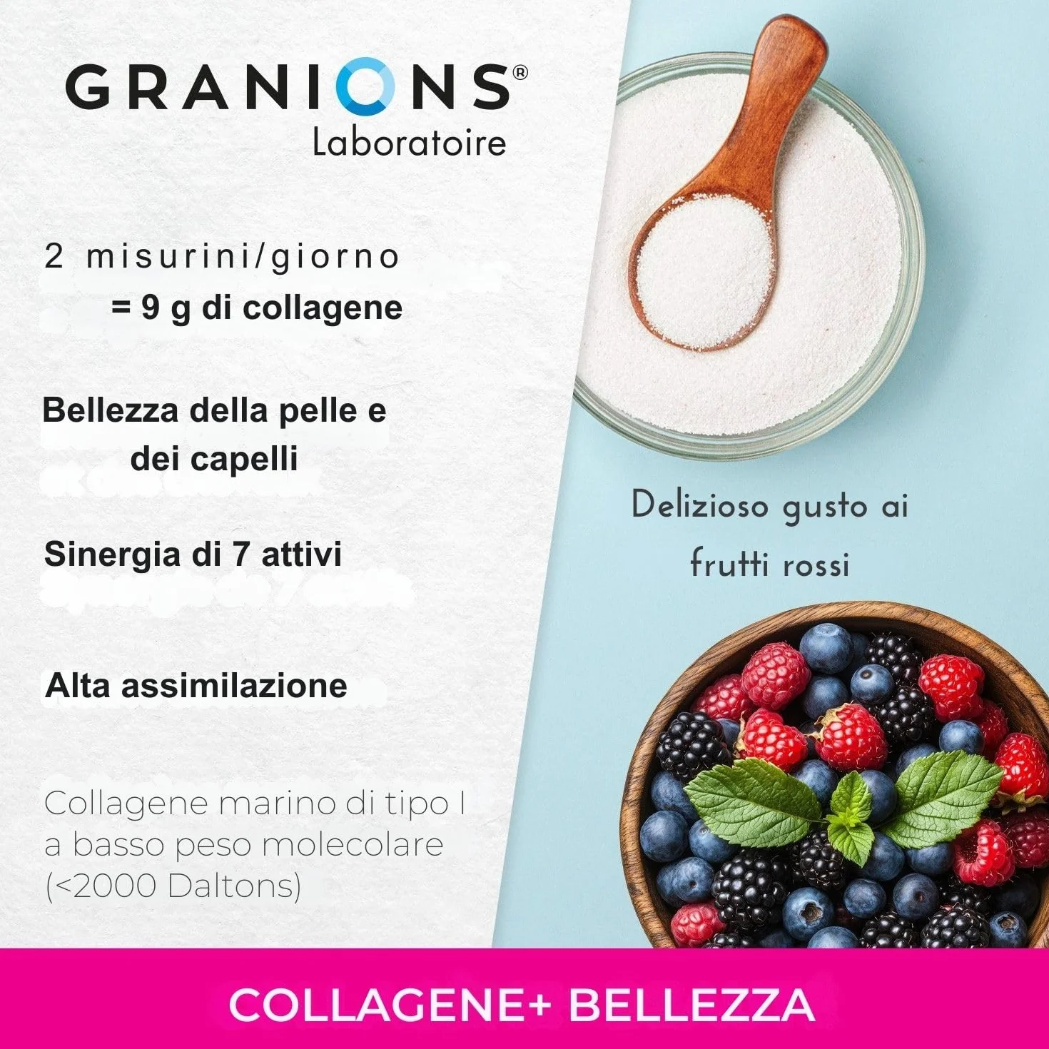 GRANIONS Collagene+ Bellezza in Polvere 260 g | 9 g Collagene Marino Tipo I | Acido Ialuronico + Biotina + Vitamina C + Enotera | Aroma Frutti Rossi | 26 Giorni