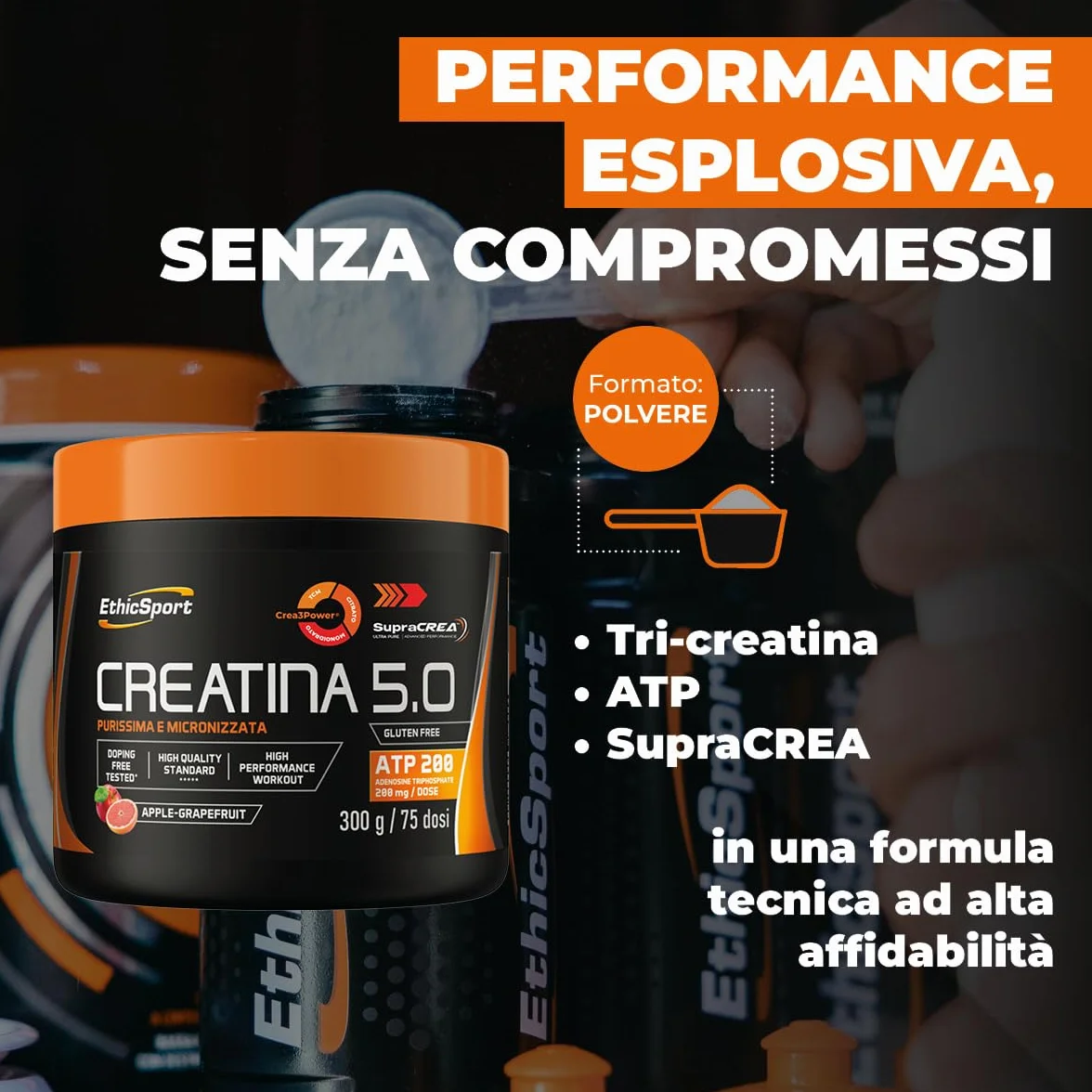 EthicSport CREATINA 5.0 – Creatina evoluta a base di SupraCREA®, con Crea3Power e ATP 200mg – Incrementa le prestazioni fisiche in attività brevi e intense** – doping free tested – 300g