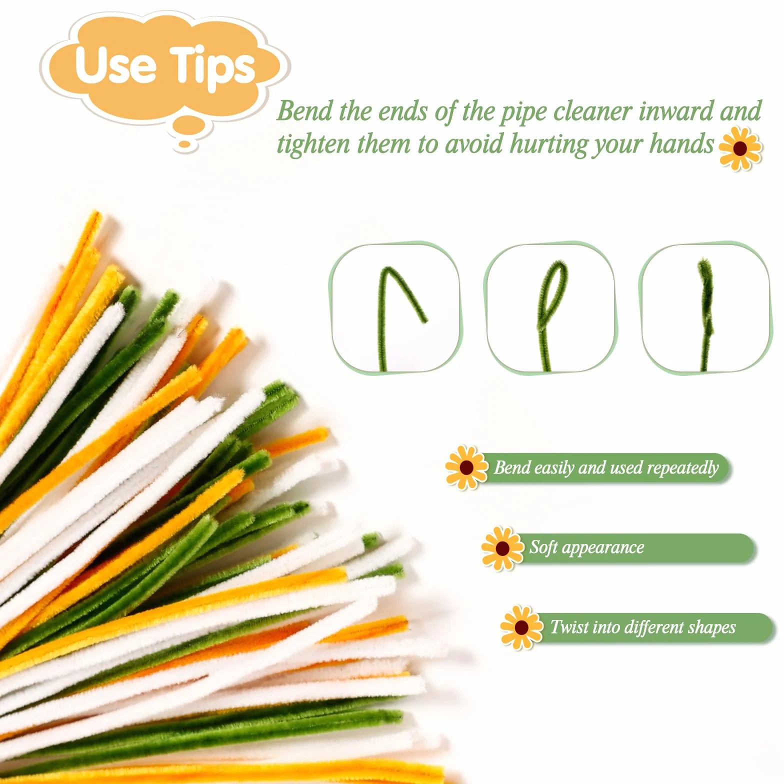 Daisy - Detergente per pipa per bouquet, 300 pezzi, per fai da te, filo di ciniglia, pulitore per pipe, con nastro e bastoncini per fiori, per progetti artigianali (verde, oro, bianco