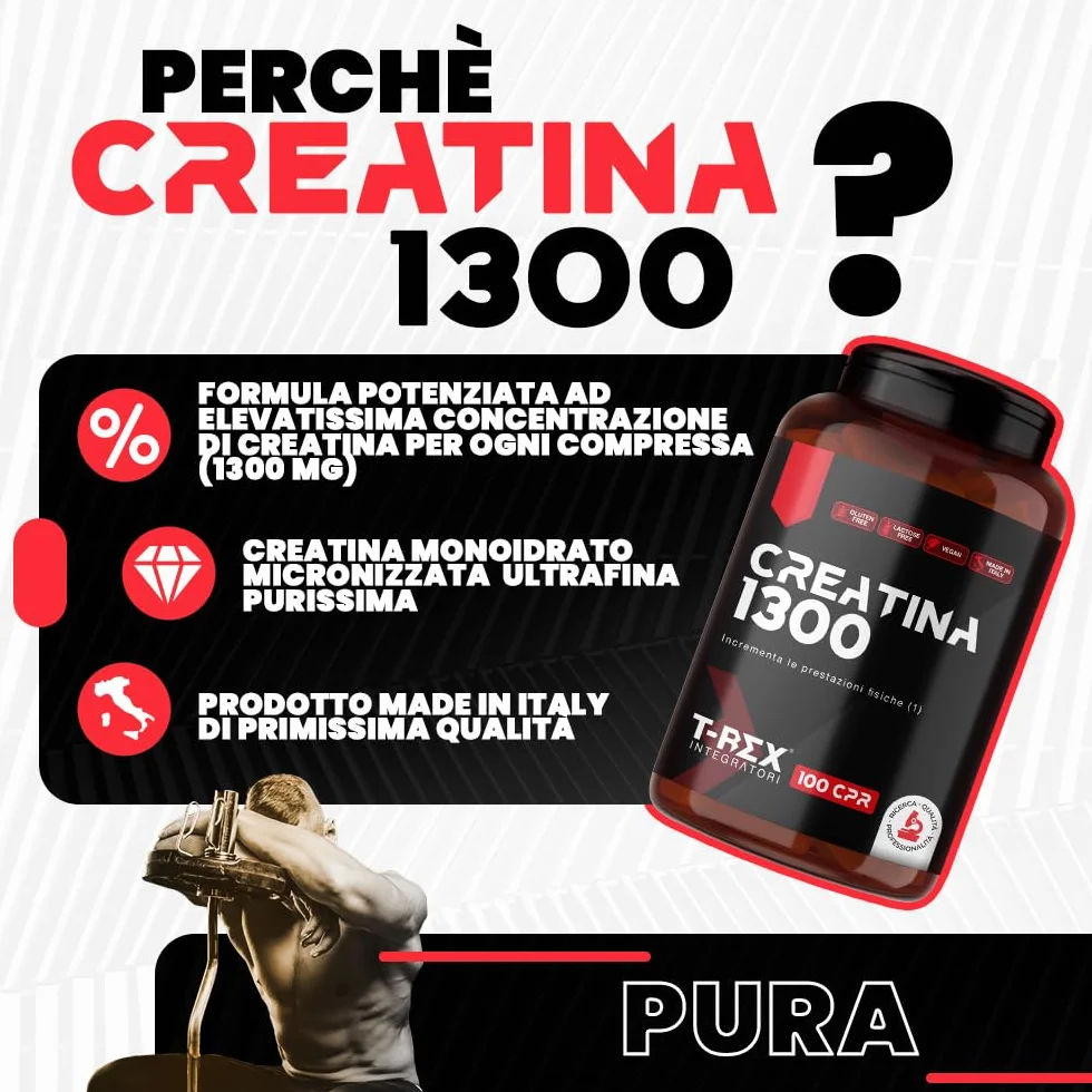 T-Rex Integratori Creatina Micronizzata Monoidrata 100 compresse 1300mg - Integratore alimentare per massa muscolare e pre workout